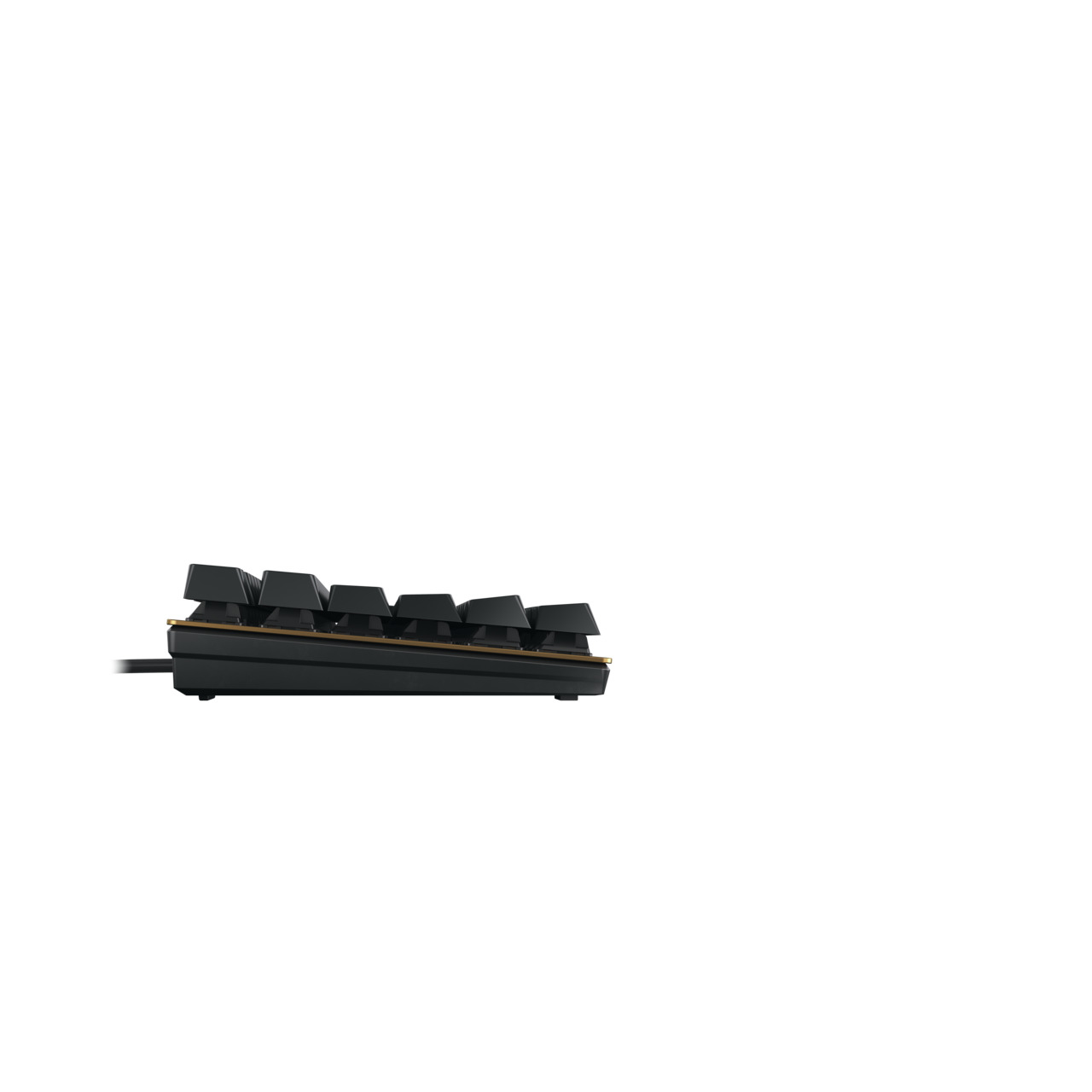Schwarze mechanische Tastatur. Schwarze Tasten, goldener Akzent und ein schwarzes Kabel.