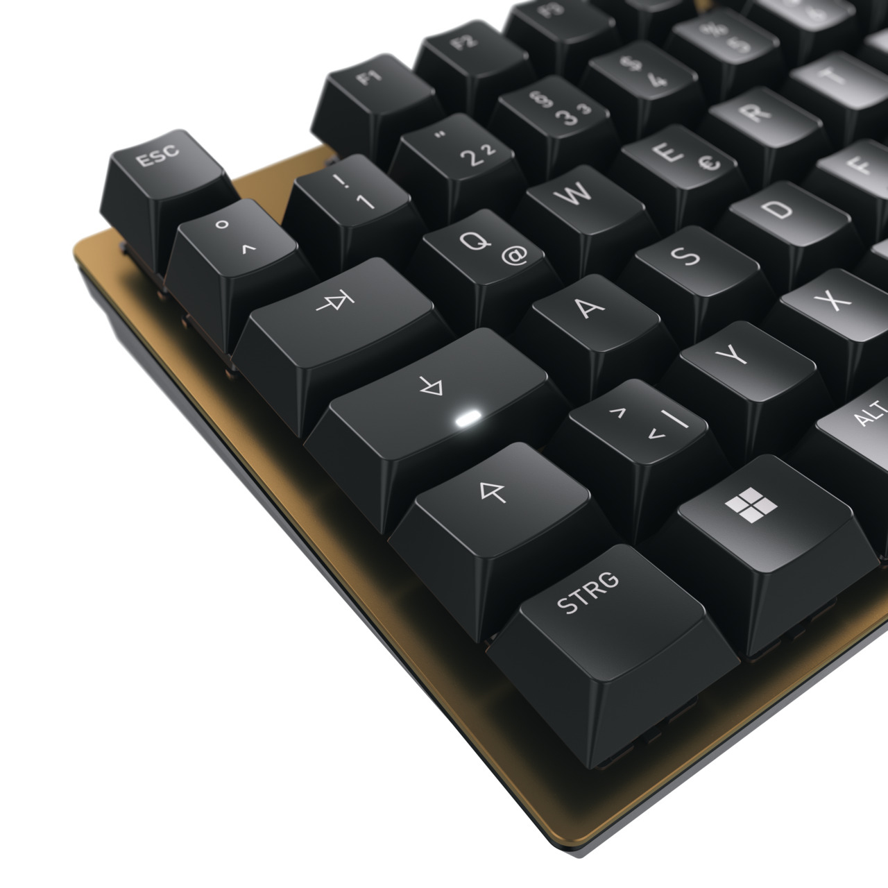 Nahaufnahme von schwarzen Tastaturtasten auf Goldrahmen.
