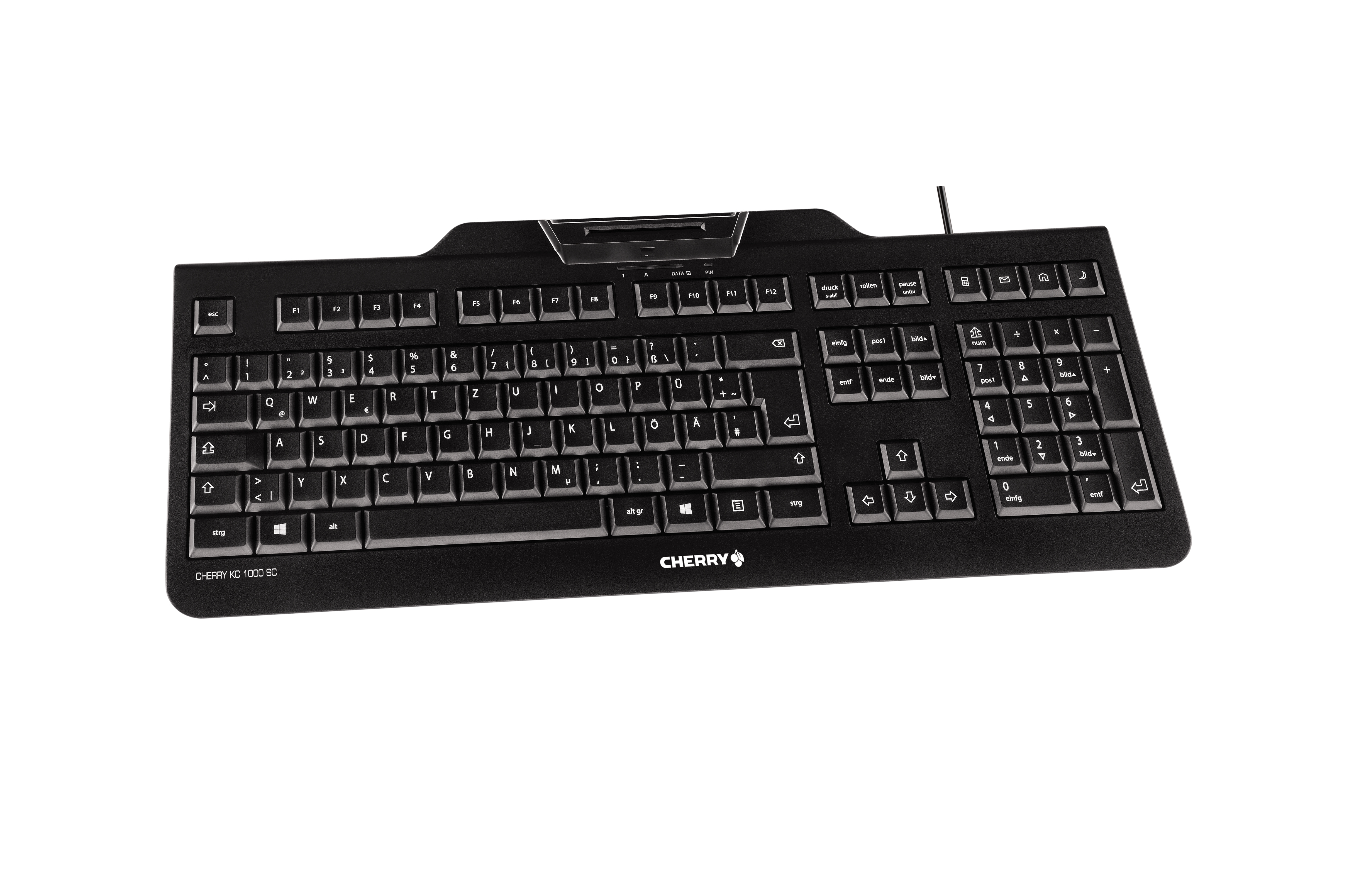 Black keyboard with keys, centered on a white background. Brand name: CHERRY.