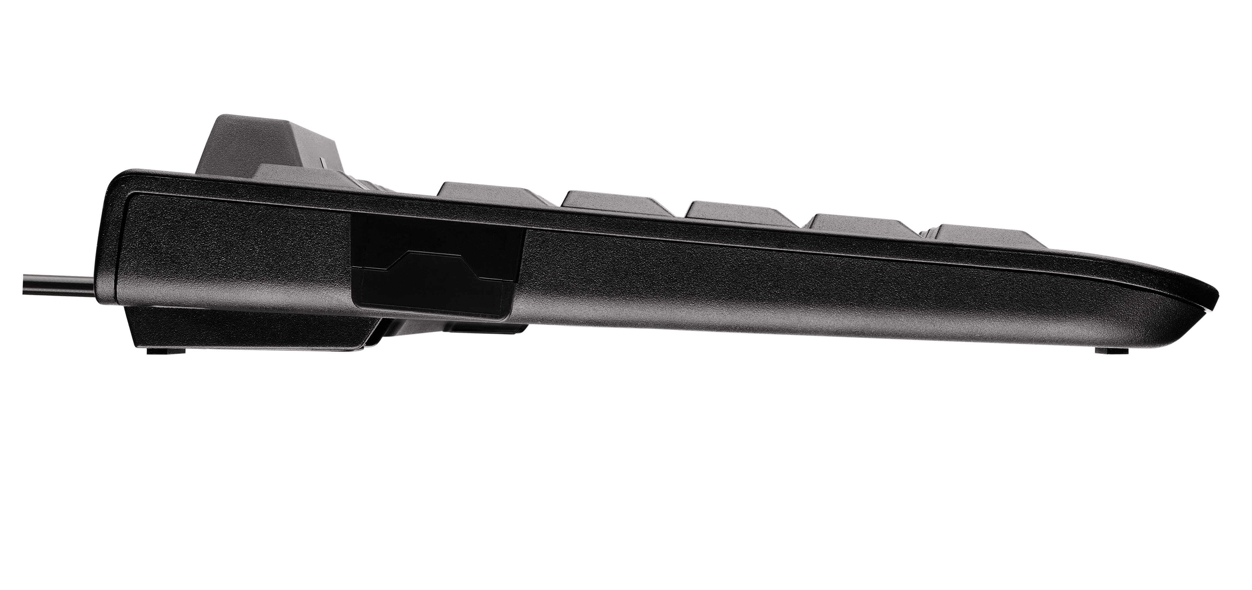 Side view of a black keyboard showing the keys, a USB port, and its angled base.