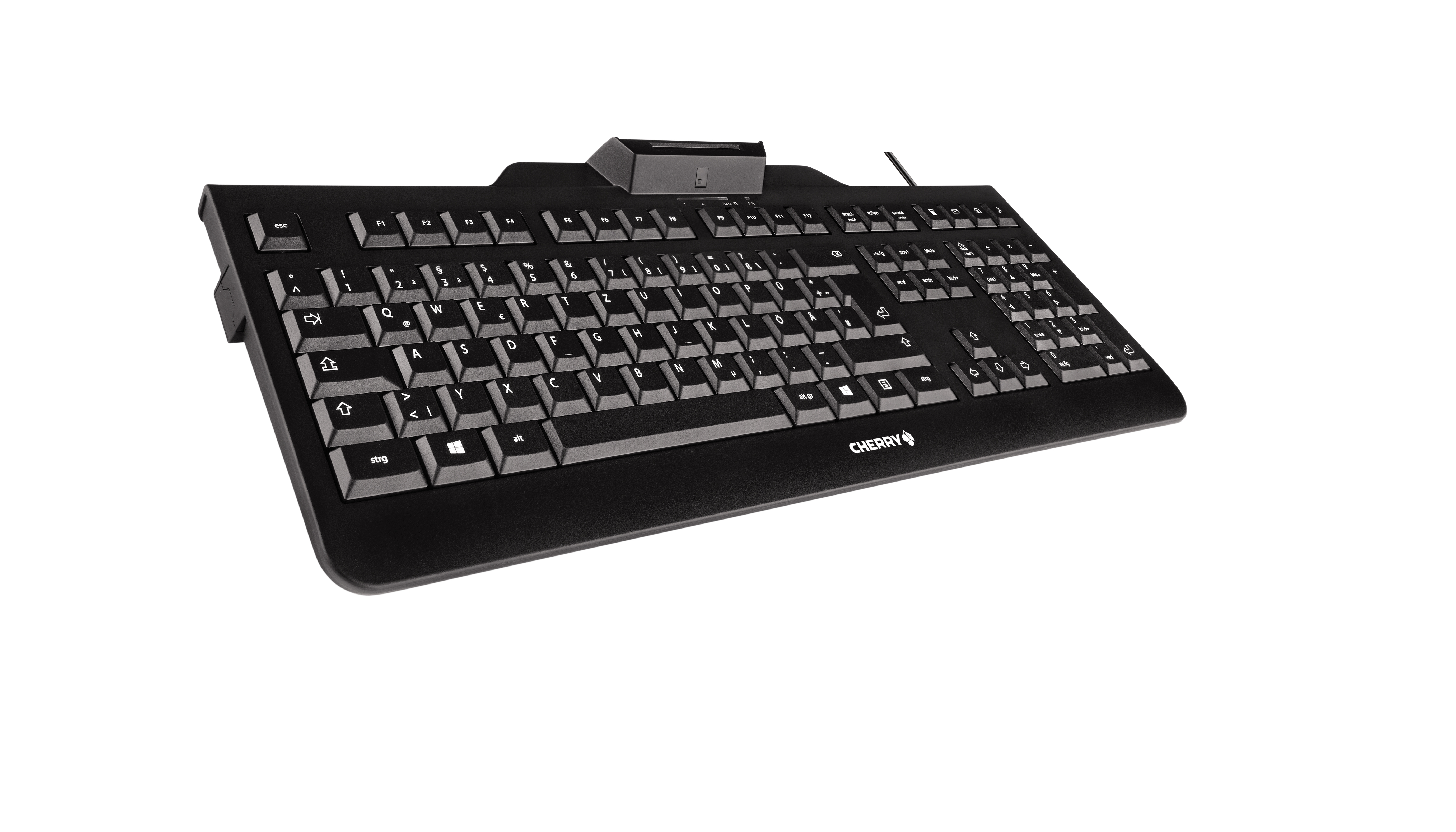 A black keyboard with white keys. The keyboard is on a white surface.