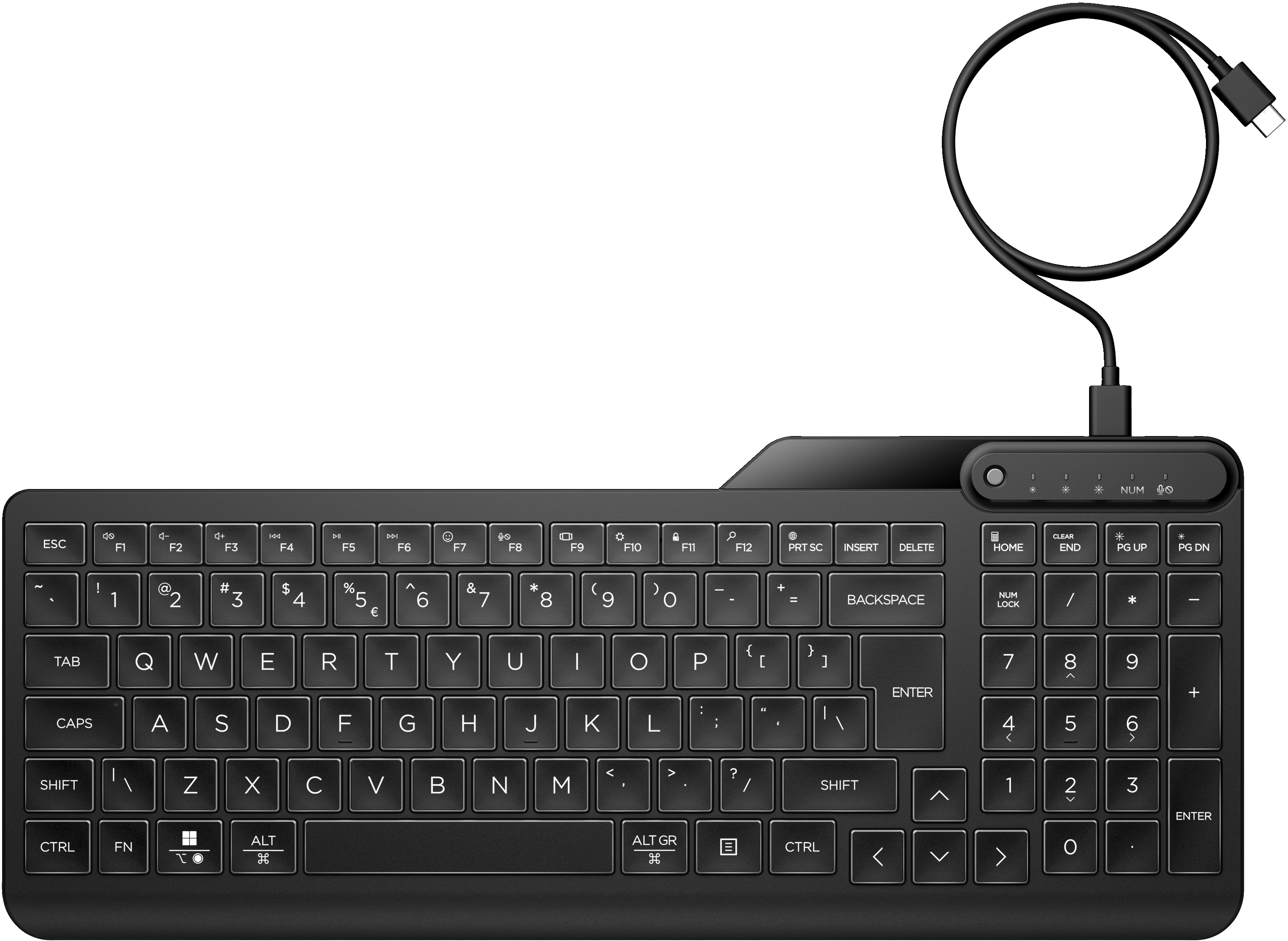 Tastiera nera, con cavo USB-C. Con tastierino numerico e pannello di controllo. Tasti bianchi.