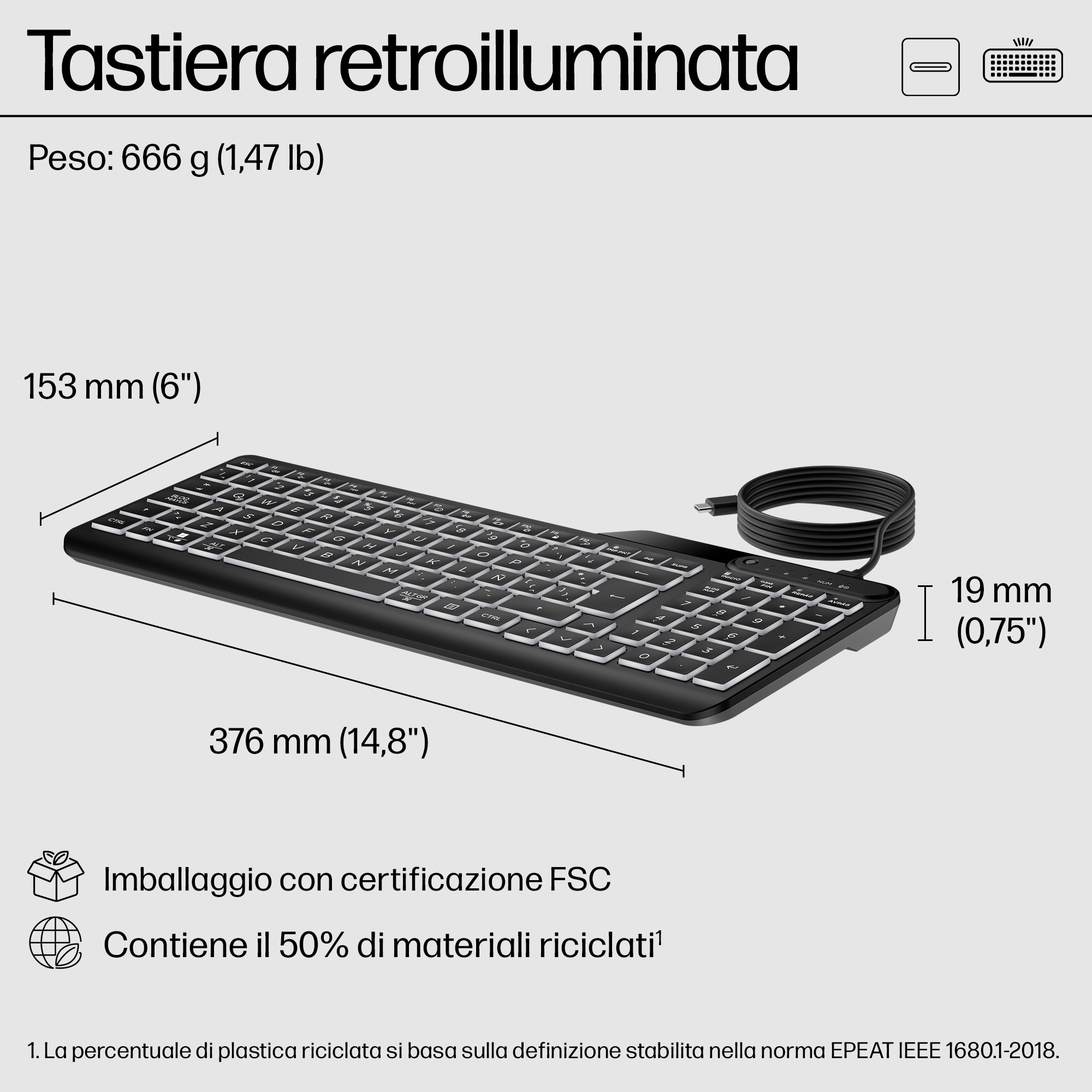 Czarna klawiatura z białymi klawiszami. Wymiary: 376mm x 153mm. Dołączony czarny zwinięty kabel.