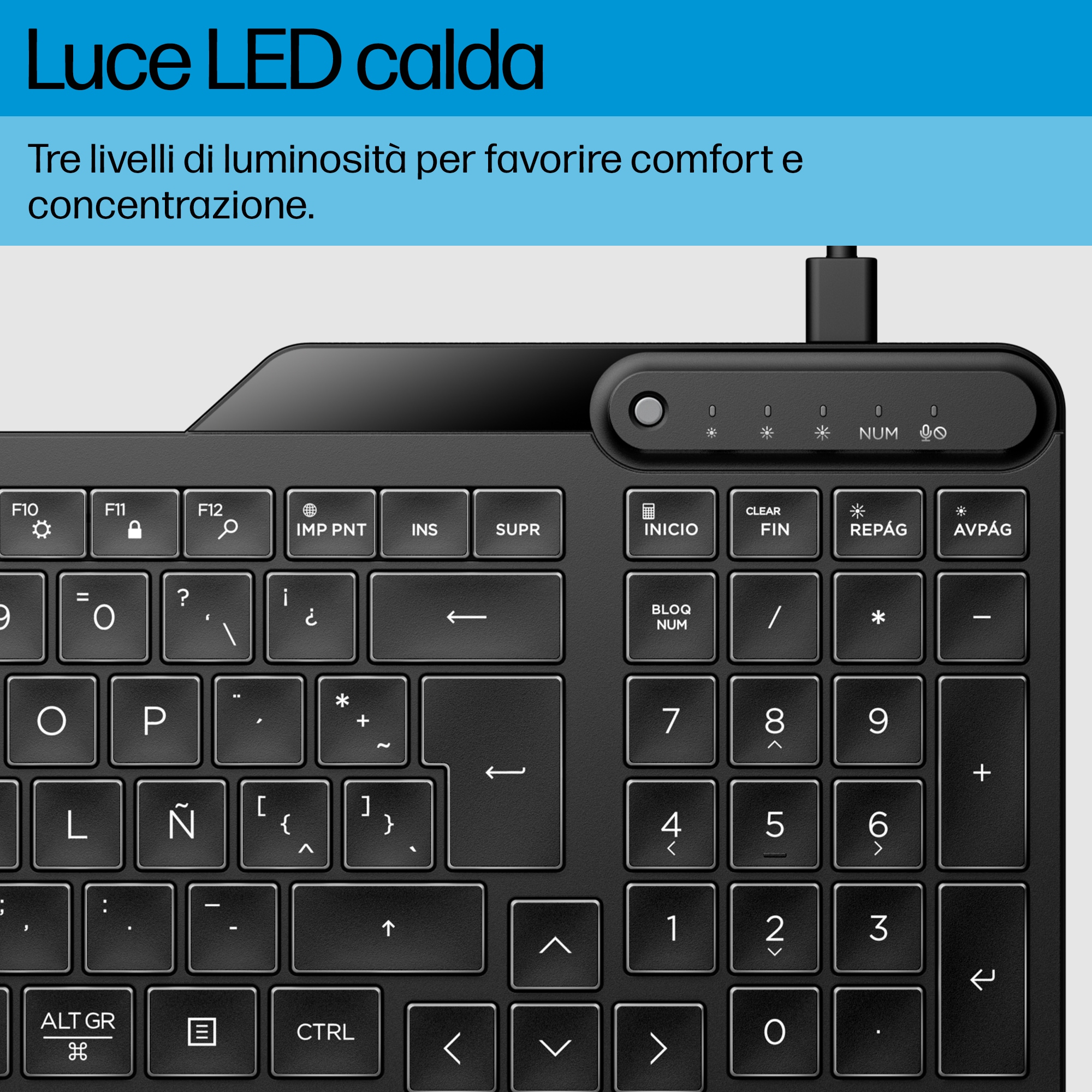 Primo piano di una tastiera nera con spie luminose.