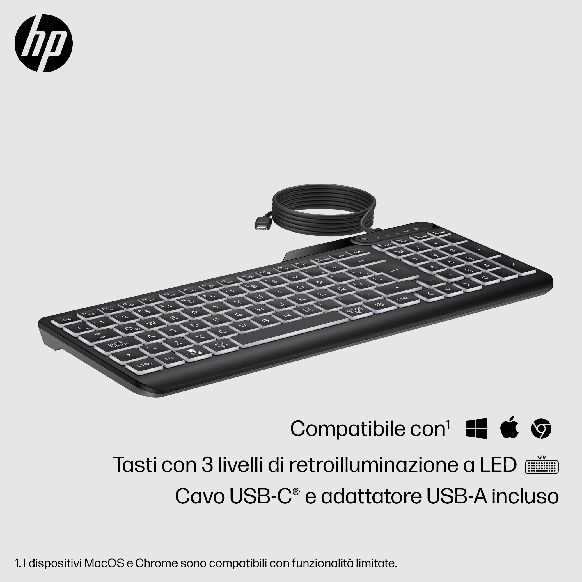 Tastiera HP nera con retroilluminazione a LED e cavo USB-C e adattatore.