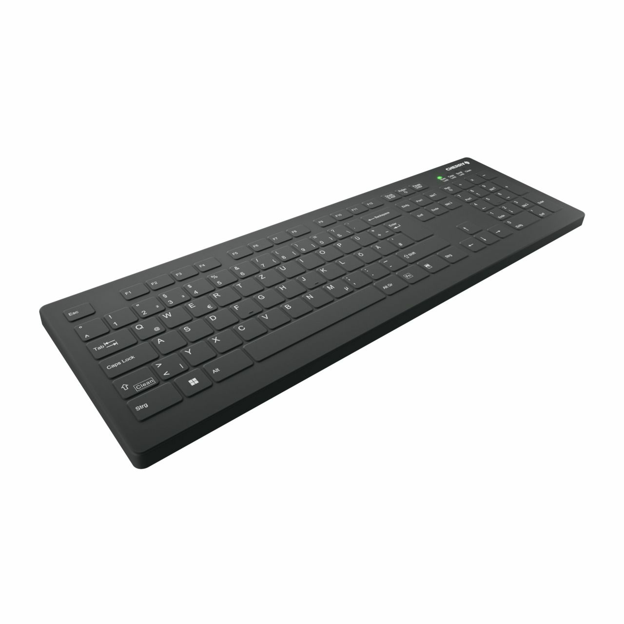 Schwarze Tastatur, schräge Ansicht.
