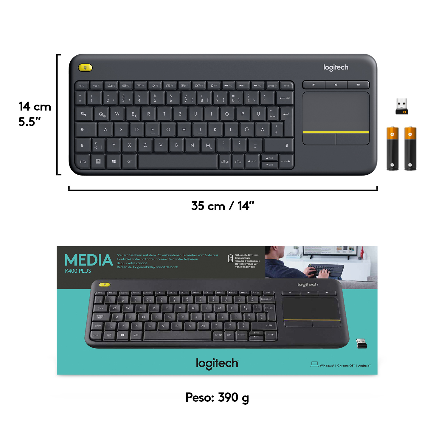 Een zwart toetsenbord met een geel touchpad, op een tafel, met een doosje batterijen en een USB-ontvanger.