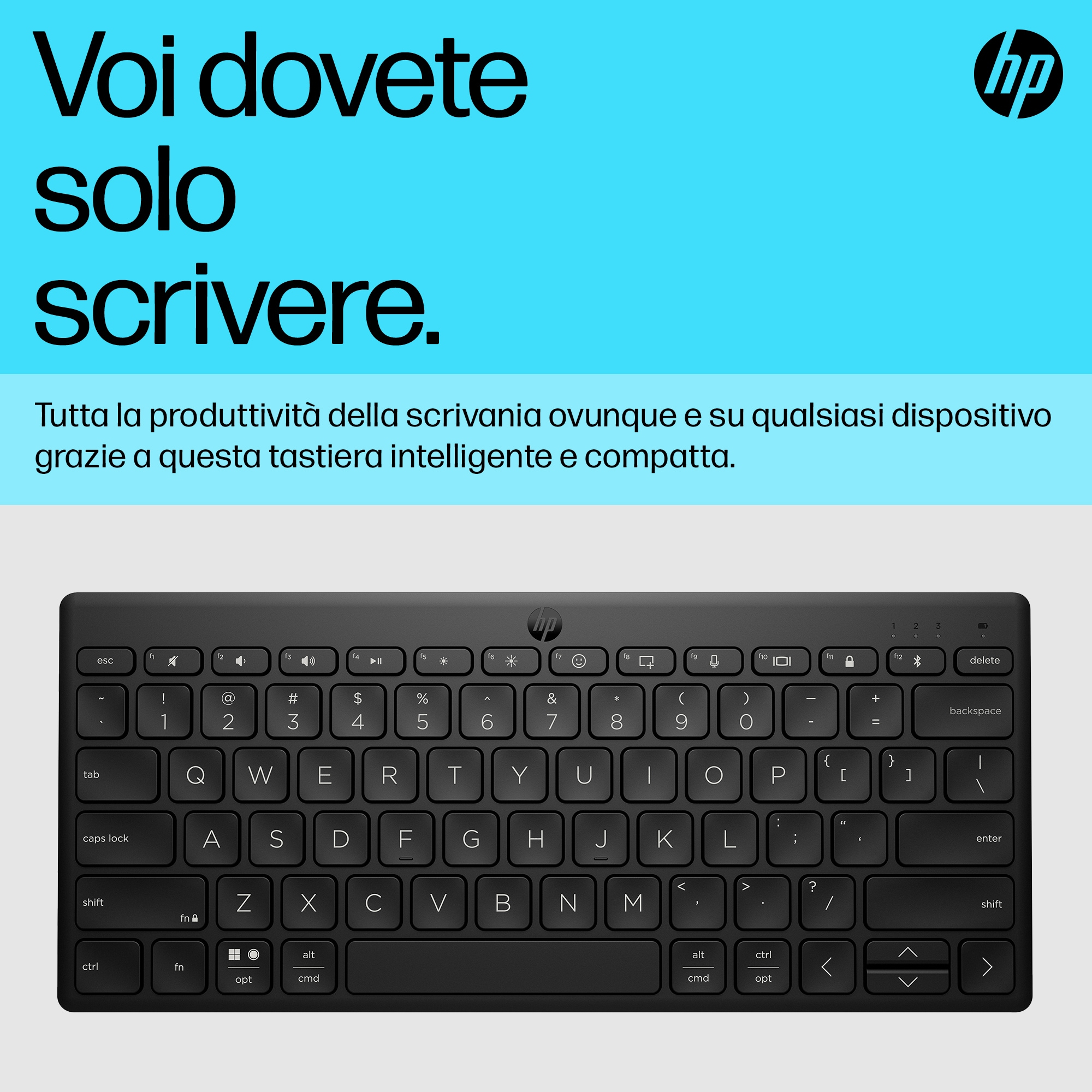 Eine kompakte schwarze HP-Tastatur mit weißer Beschriftung auf blauem Hintergrund.