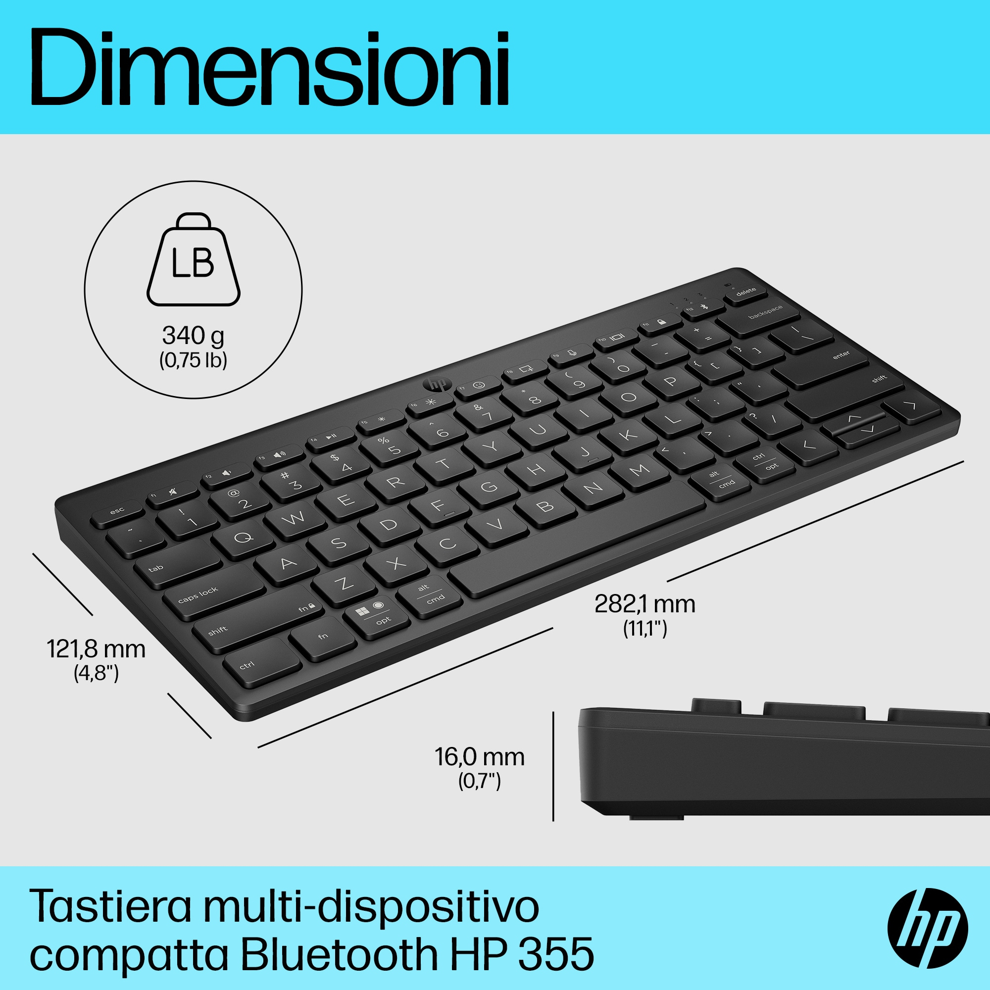 Schwarze Kompakt-Tastatur. Abmessungen und Gewichtsangaben auf weißem Hintergrund.