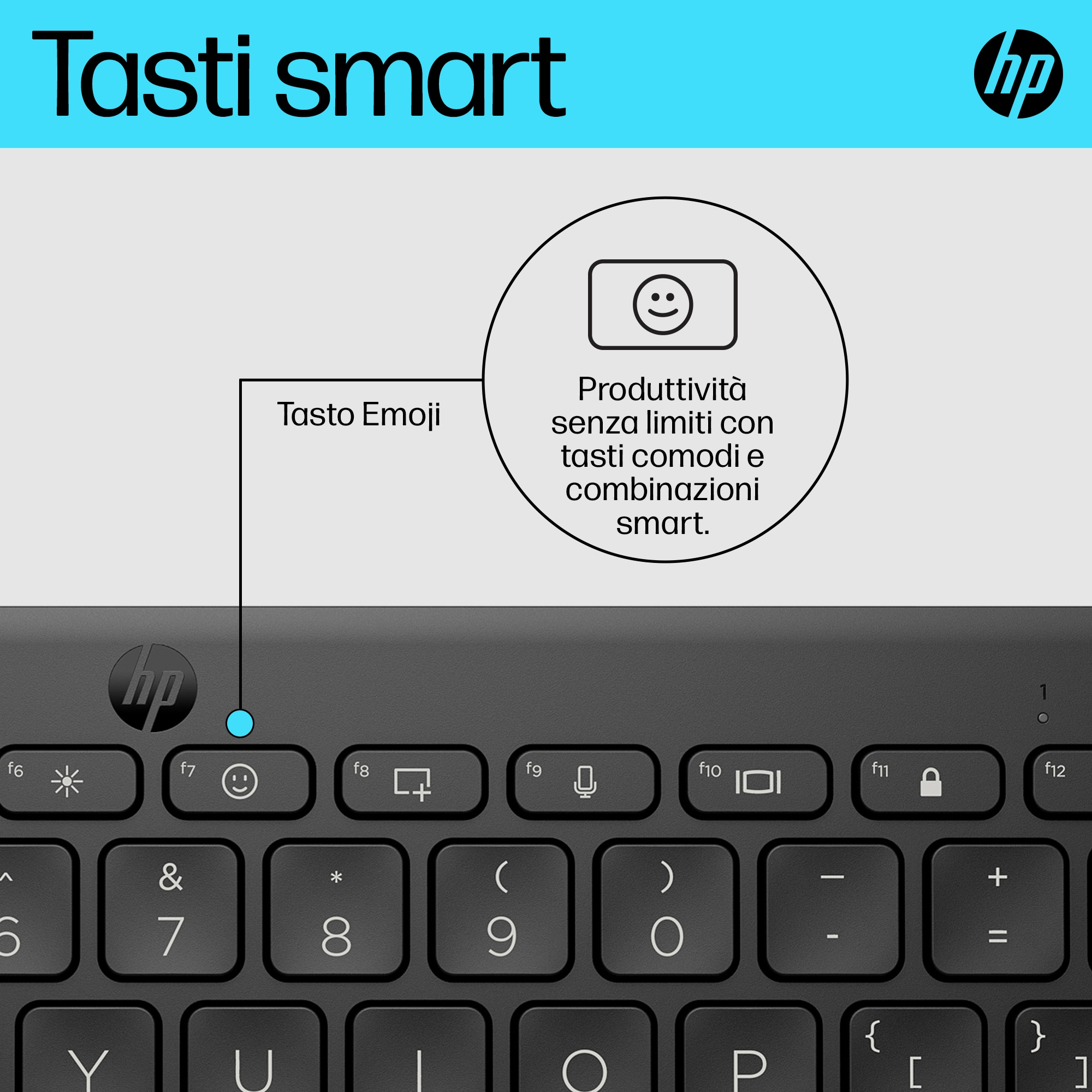 Nahaufnahme einer Tastatur, wobei die Emoji-Taste hervorgehoben ist. Die Taste hat ein Smiley-Gesicht.