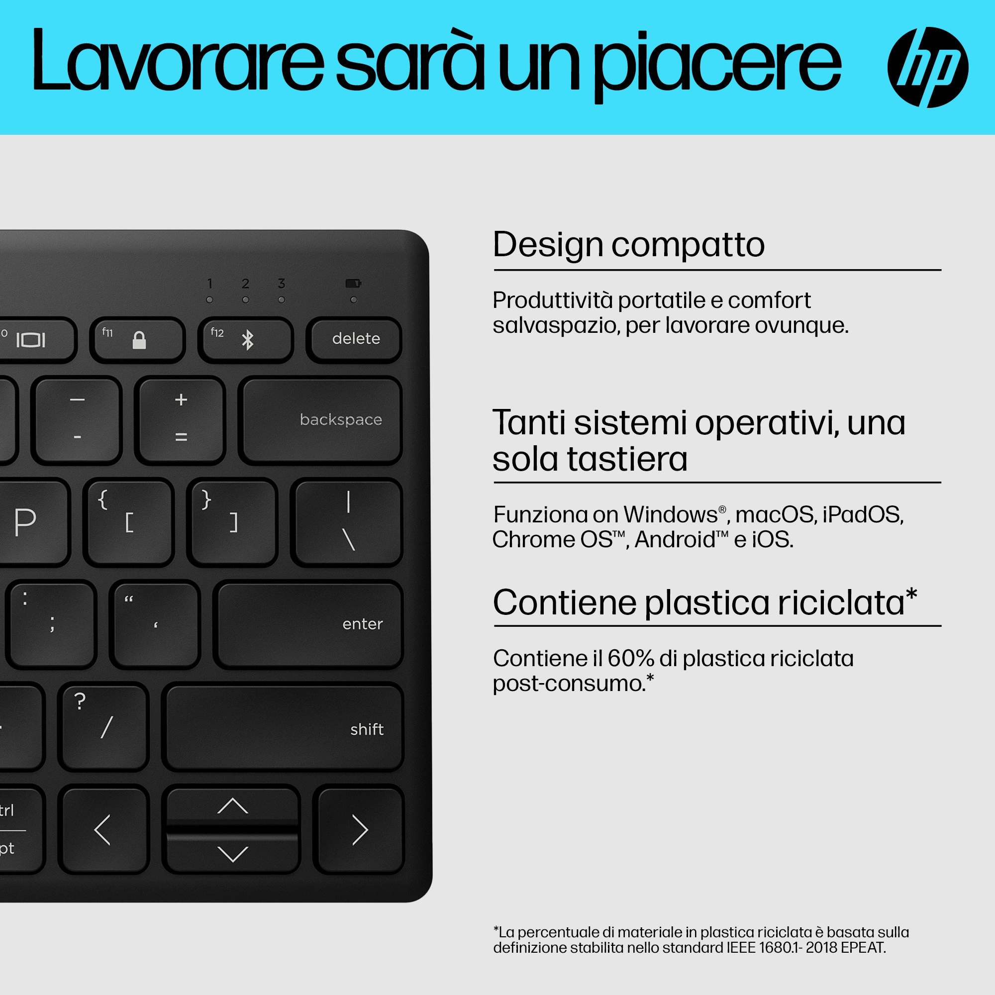 Schwarze Tastatur mit Tasten. HP-Logo oben rechts.