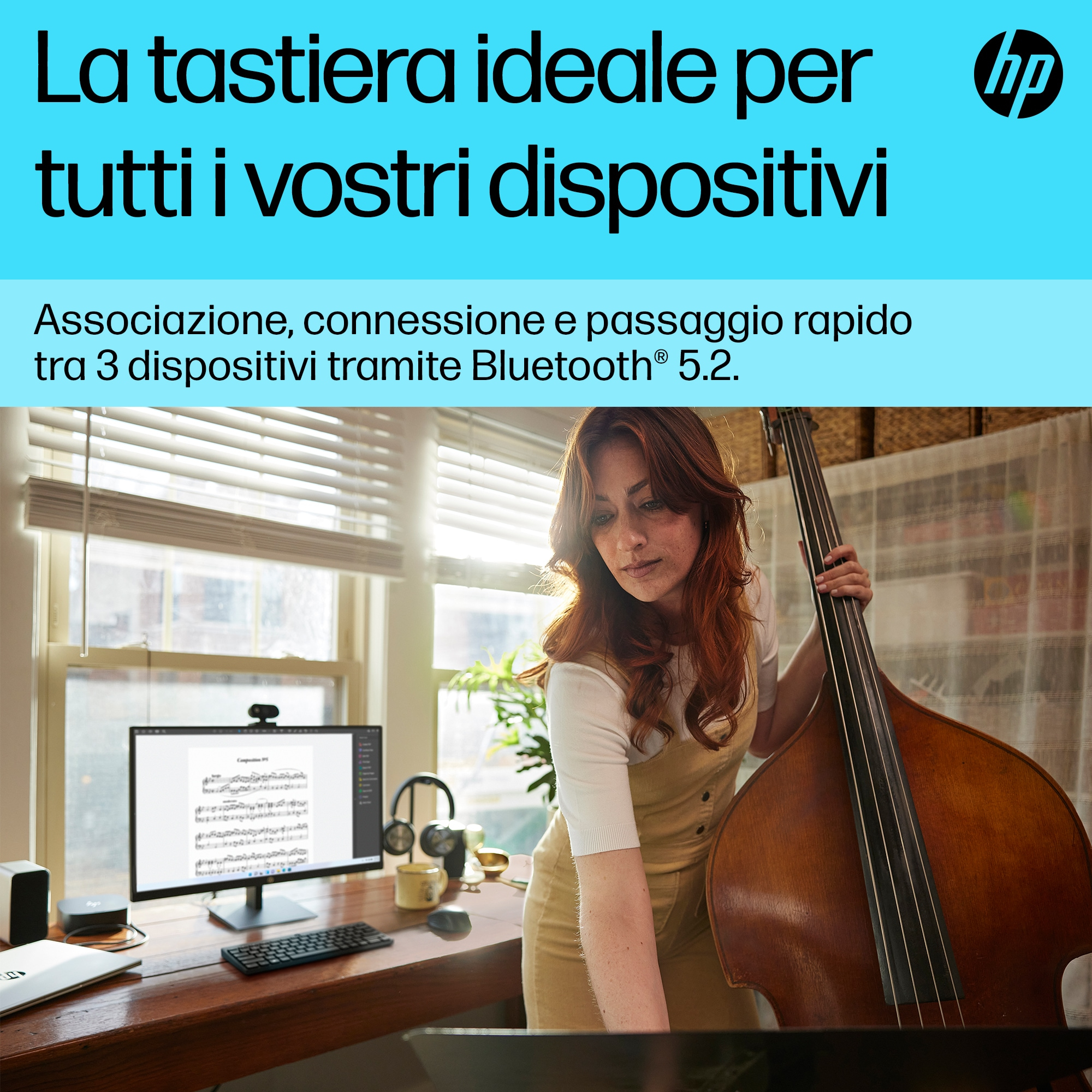 Frau mit Cello in einem Raum mit Computer und Schreibtisch. Text: Die ideale Tastatur.