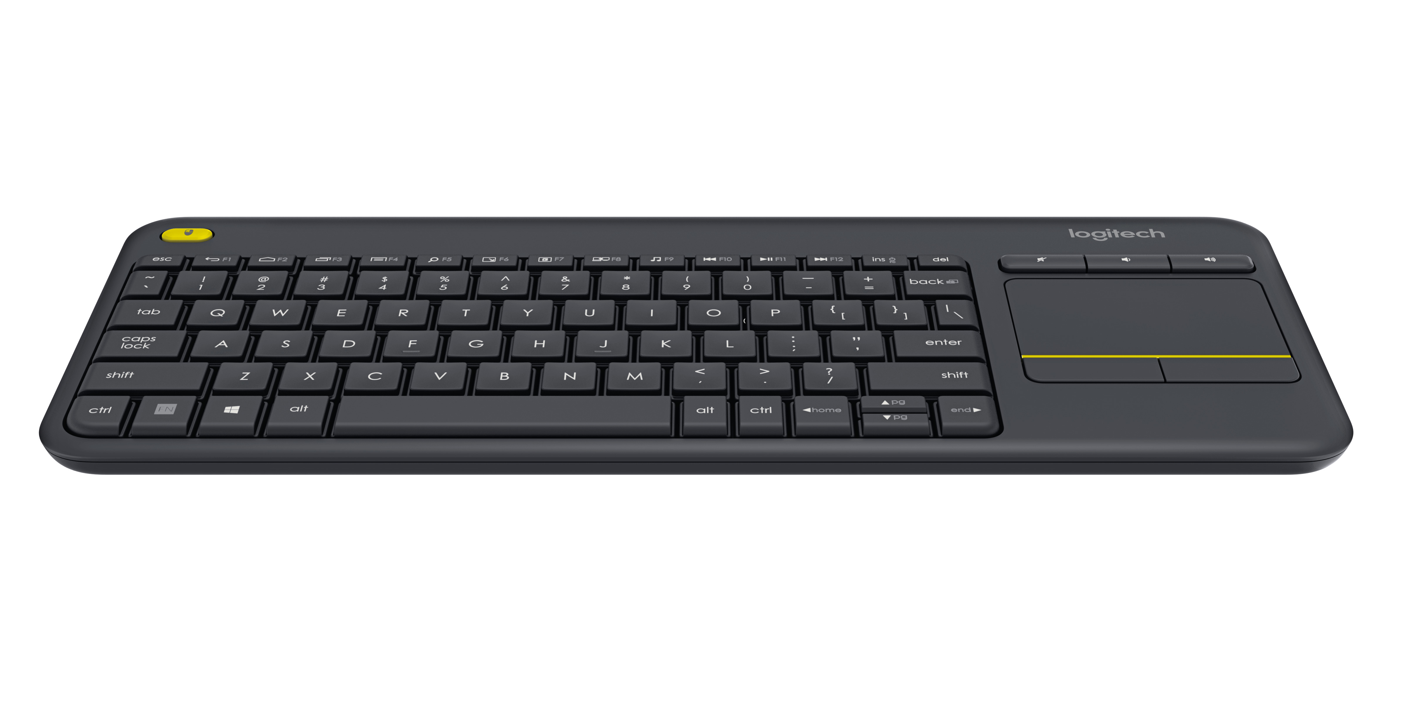 Zwart Logitech-toetsenbord met touchpad. Gele accent aan de onderkant.