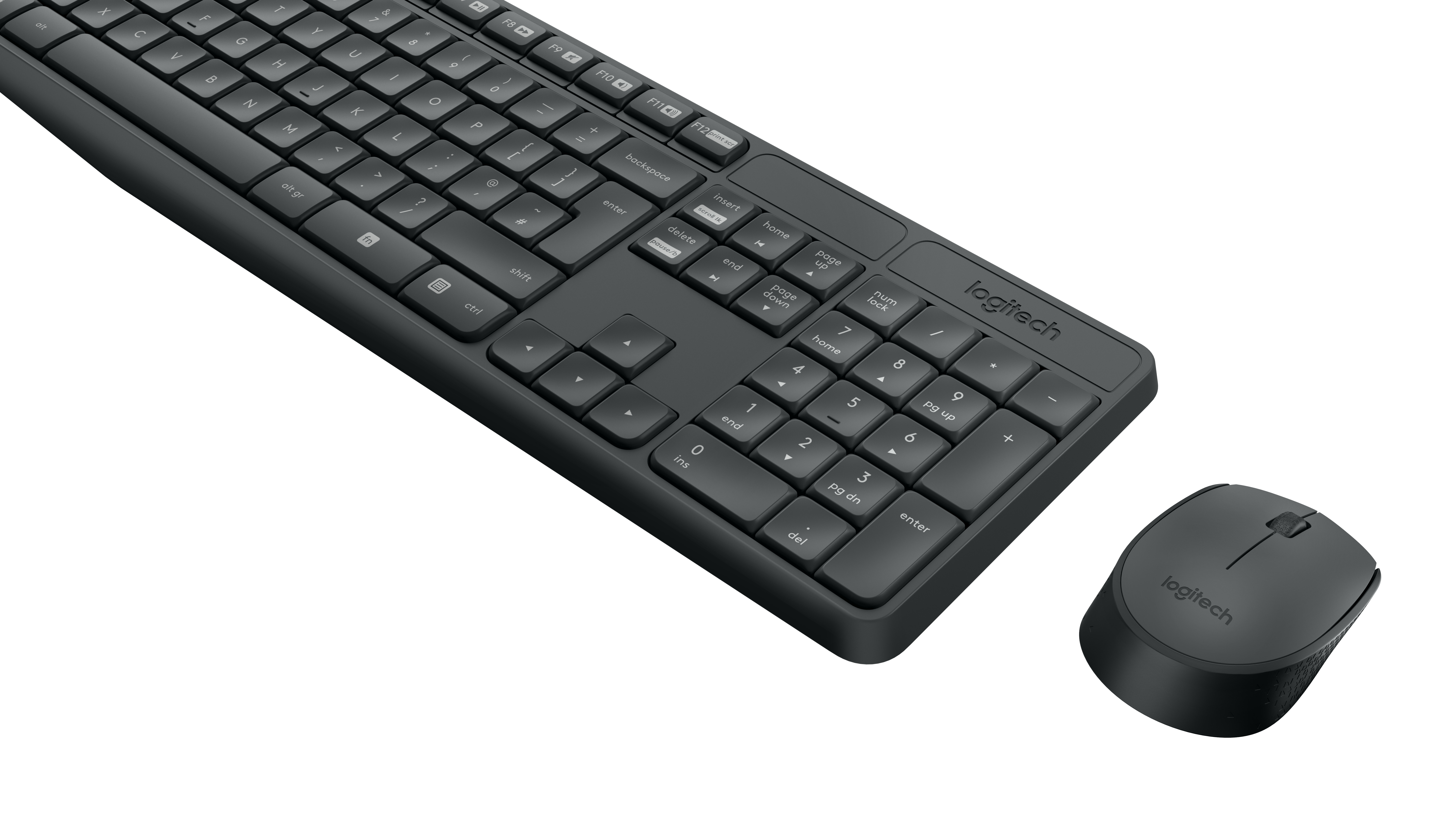 Un set di tastiera e mouse neri su sfondo bianco.