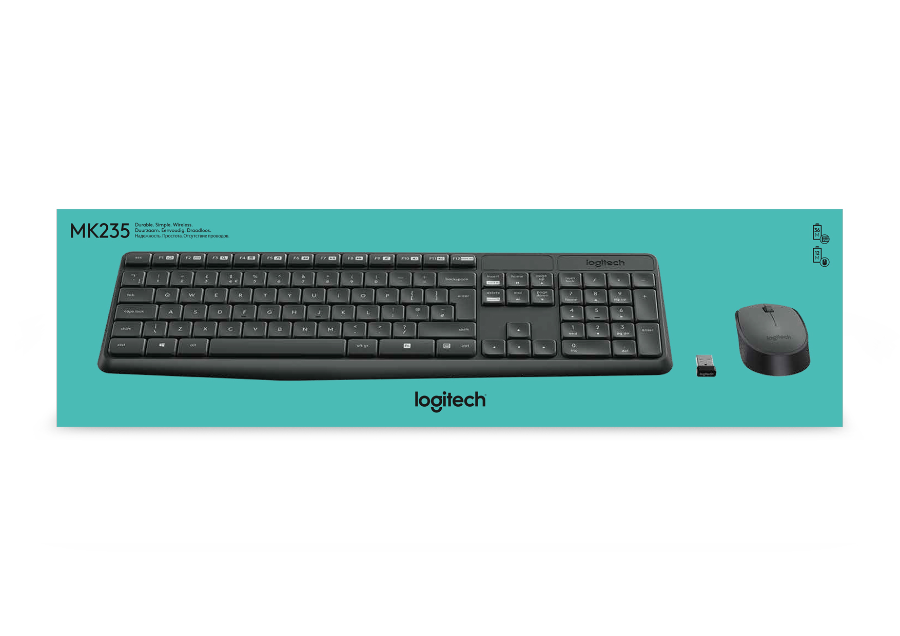 Tastiera, mouse e ricevitore USB neri su sfondo verde acqua. La tastiera è nera.