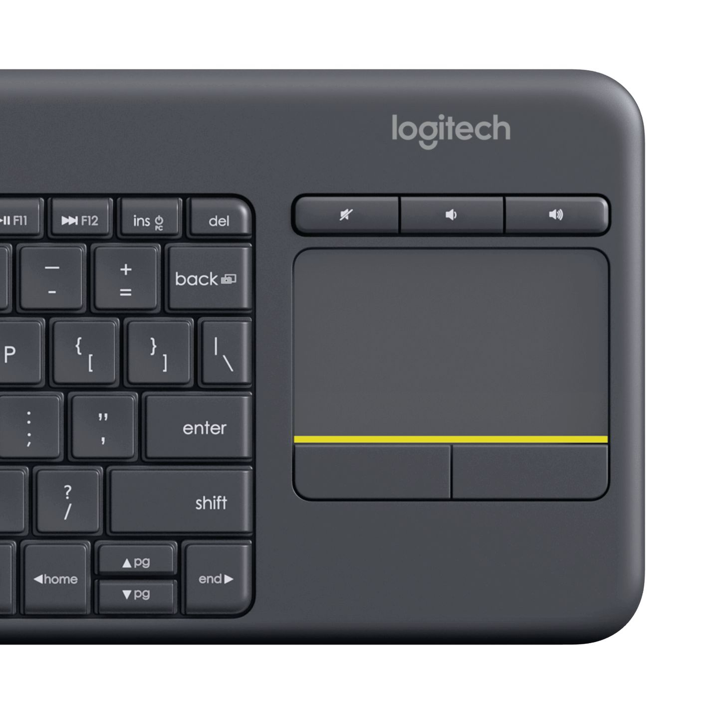 Czarna klawiatura z panelem dotykowym i klawiszami funkcyjnymi. Widoczne logo Logitech.