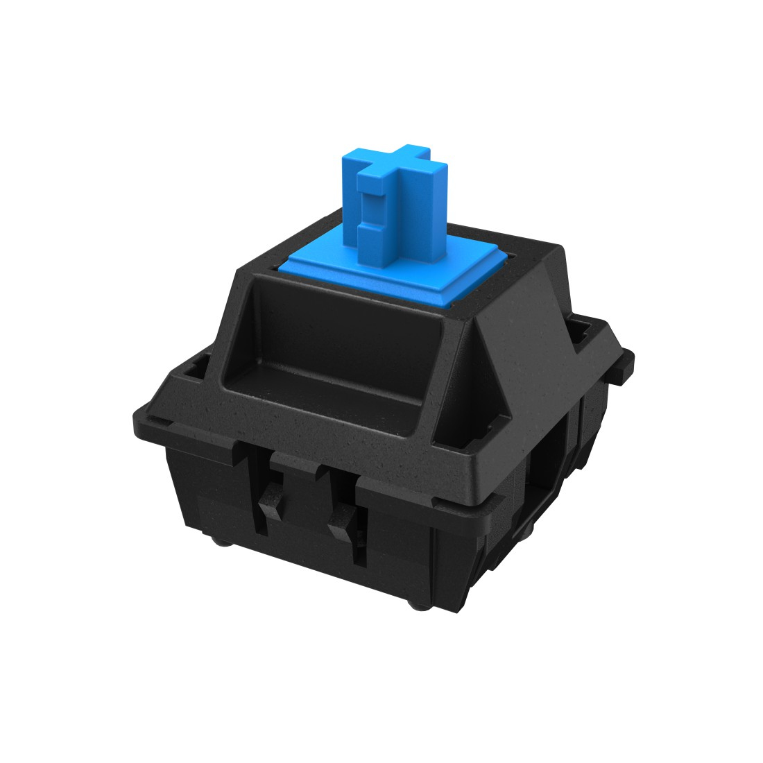 Ein schwarzer mechanischer Tastaturschalter mit blauem kreuzförmigen Stiel.
