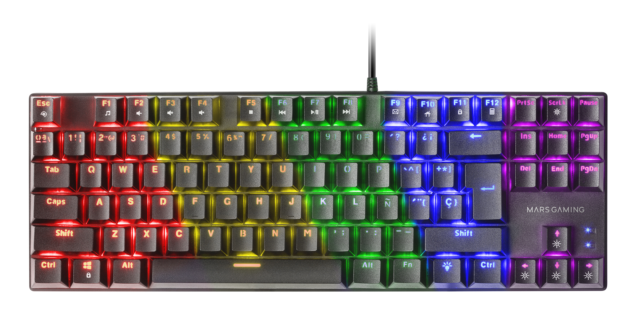 Klawiatura RGB z wieloma kolorami. Klawisze są podświetlone różnymi kolorami.