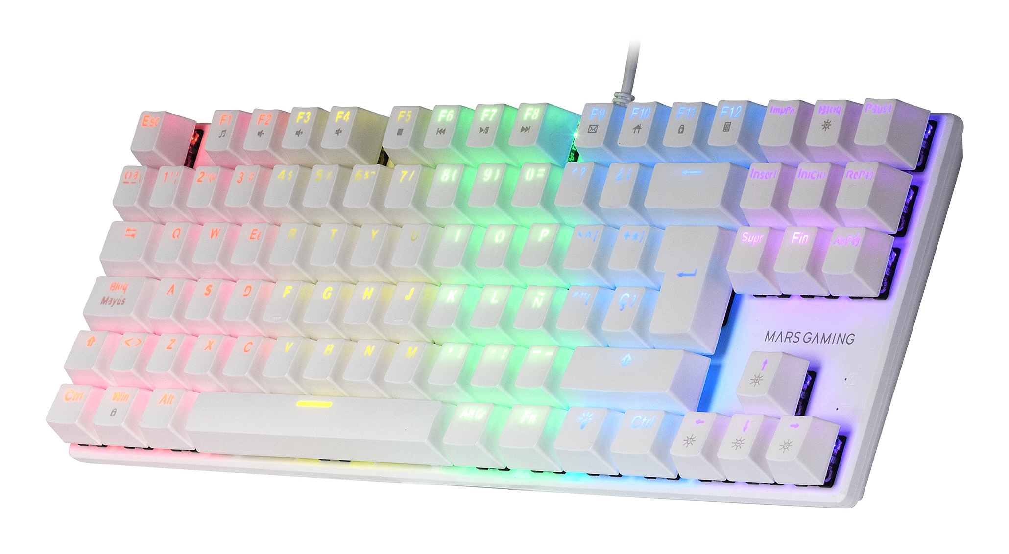 Biała klawiatura z tęczowymi klawiszami. MARS GAMING w prawym dolnym rogu.