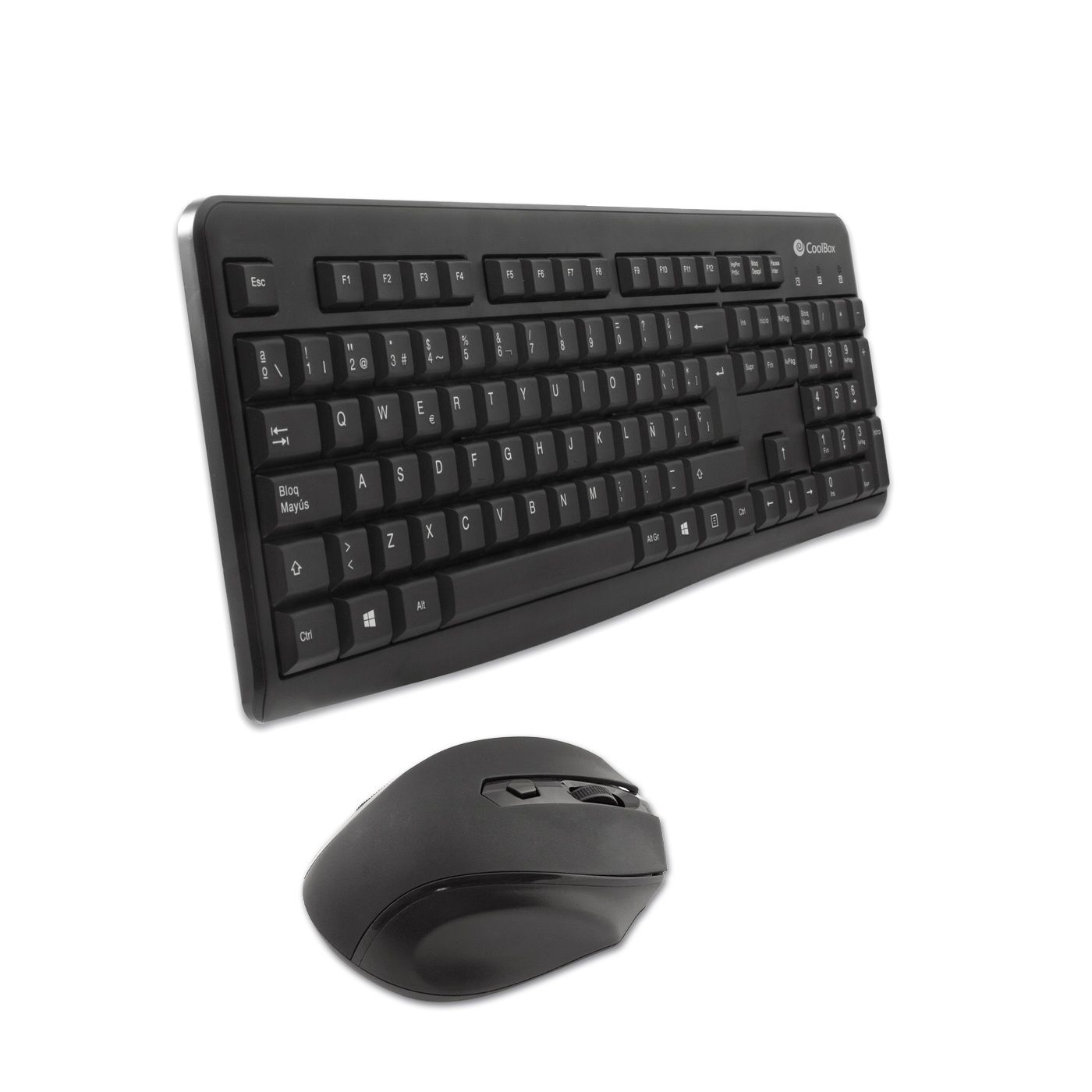 Un conjunto de teclado y ratón de computadora negro sobre un fondo blanco.