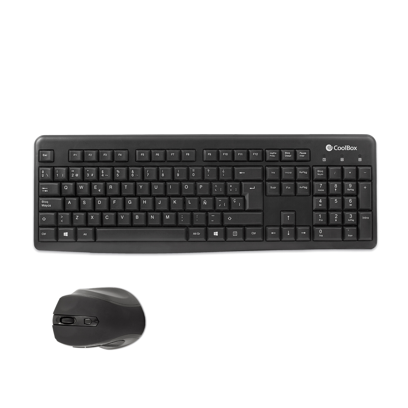 Teclado y ratón negros sobre una superficie blanca. El teclado tiene letras blancas.