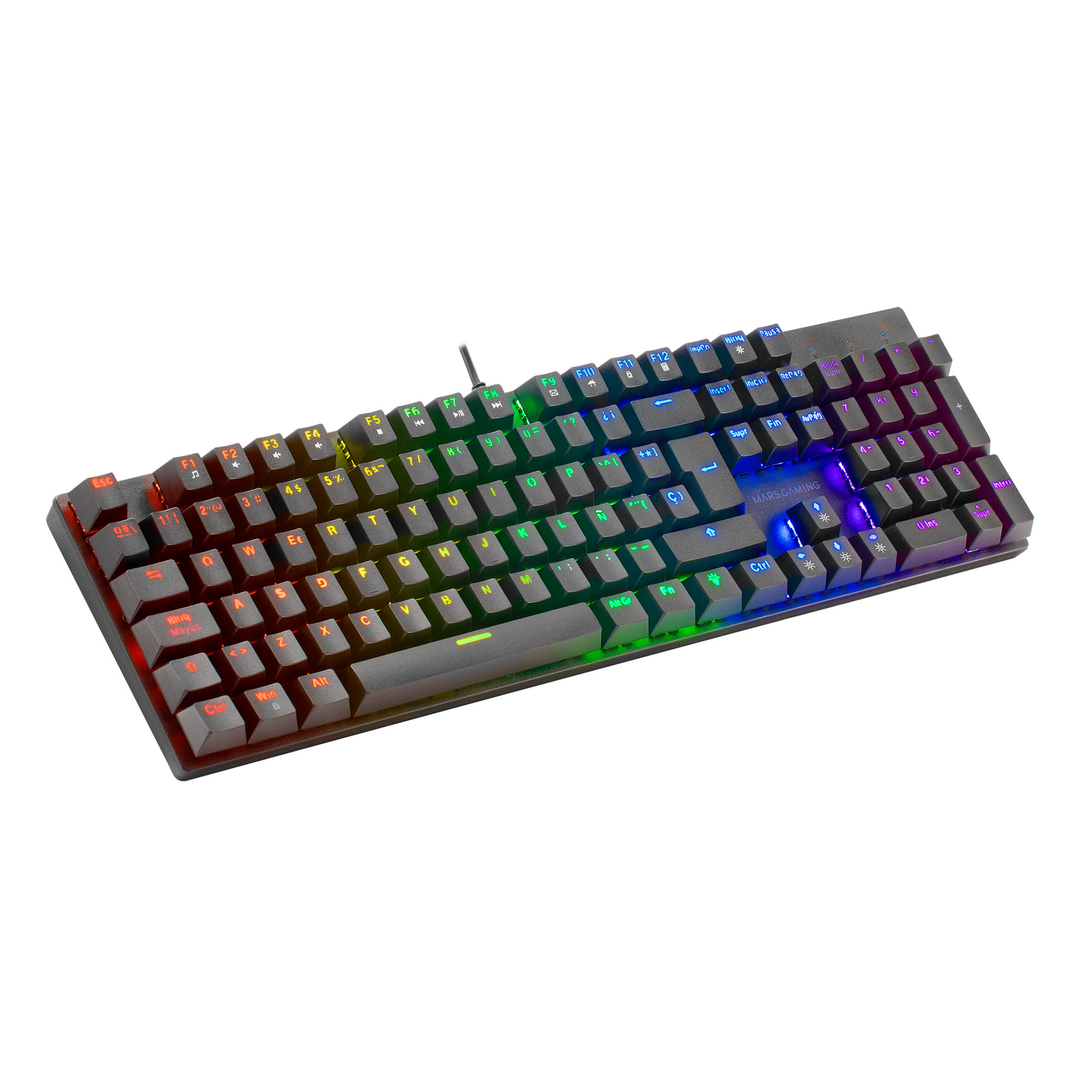 Schwarze Tastatur mit mehrfarbigen beleuchteten Tasten auf weißem Hintergrund, verschiedene Tasten sind sichtbar.