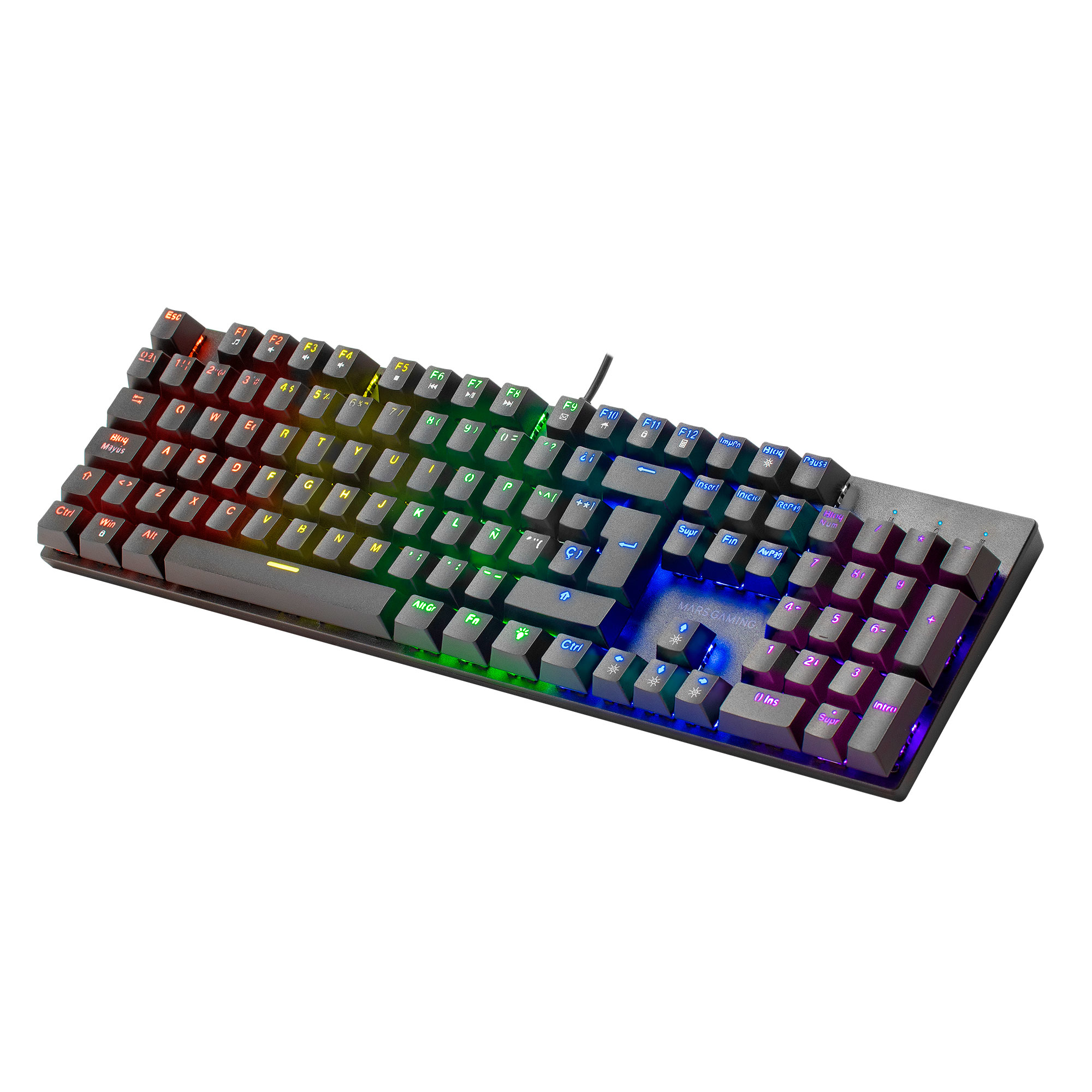 Gesamtansicht einer dunkelgrauen Tastatur mit bunten LED-Lichtern auf weißem Hintergrund.