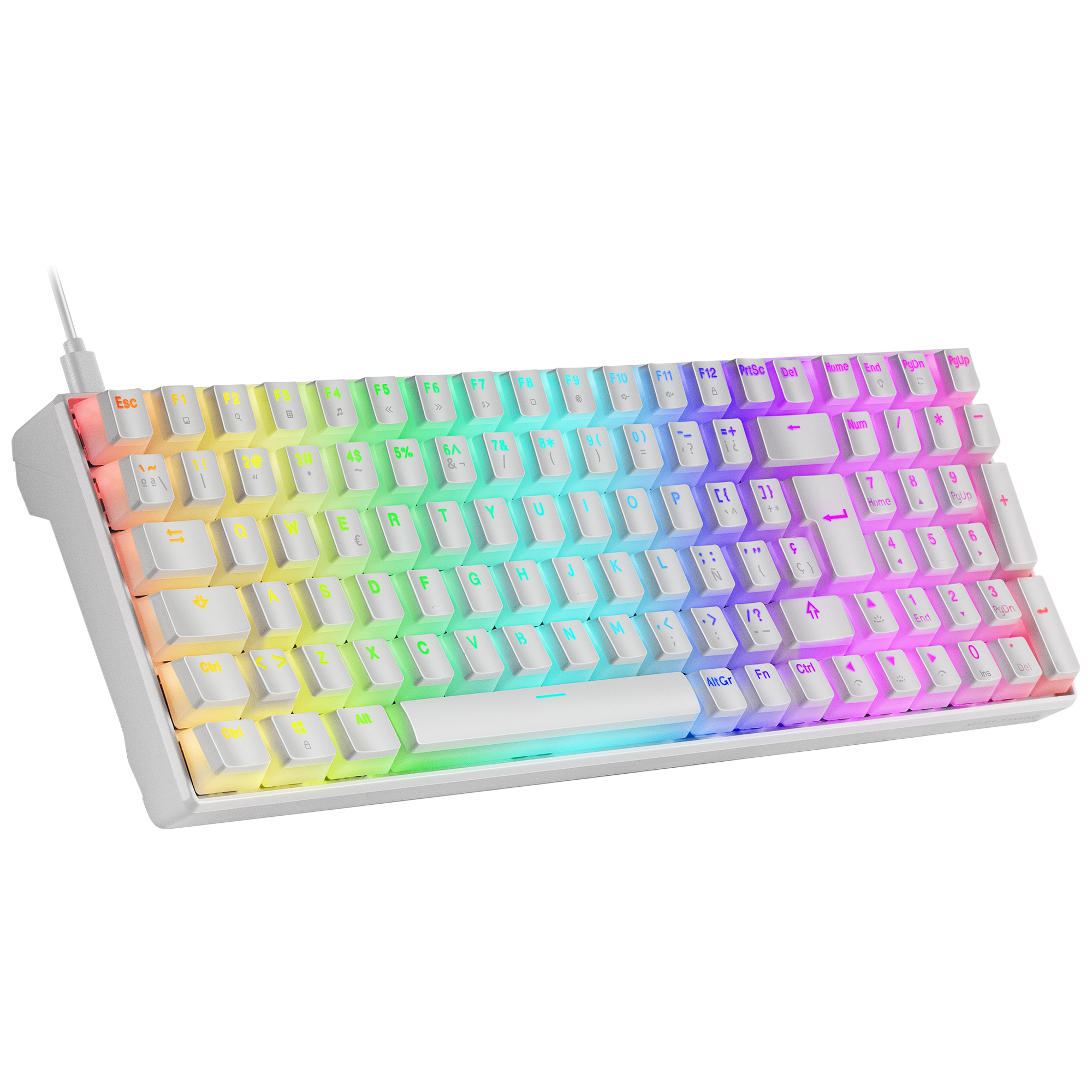 Weiße Tastatur mit bunten Tasten, Seitenansicht auf weißem Hintergrund.