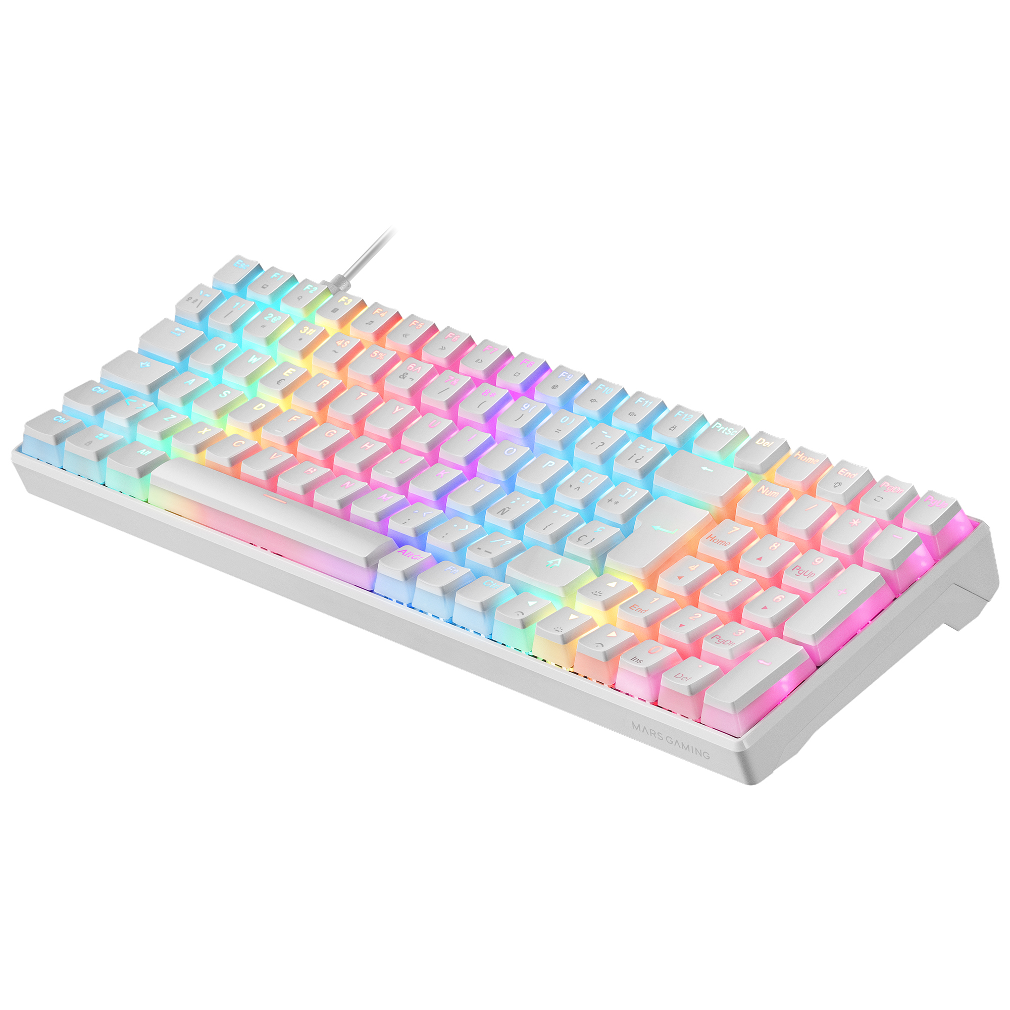 Weiße Tastatur mit RGB-Beleuchtung unter den Tasten, vor weißem Hintergrund, mit sichtbarem Markennamen.