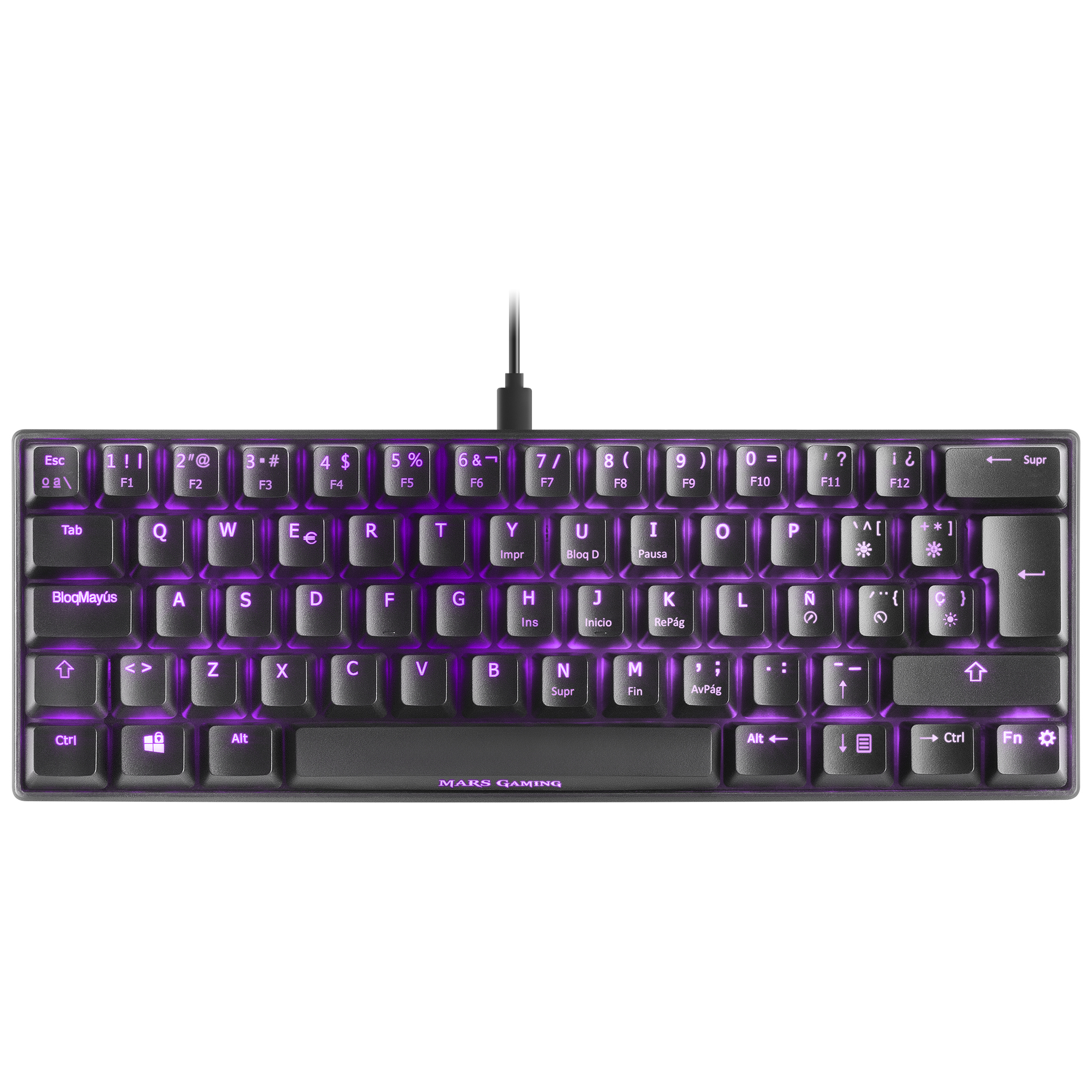 Una tastiera nera con retroilluminazione viola. I tasti sono ben visibili e il marchio è Mars Gaming.