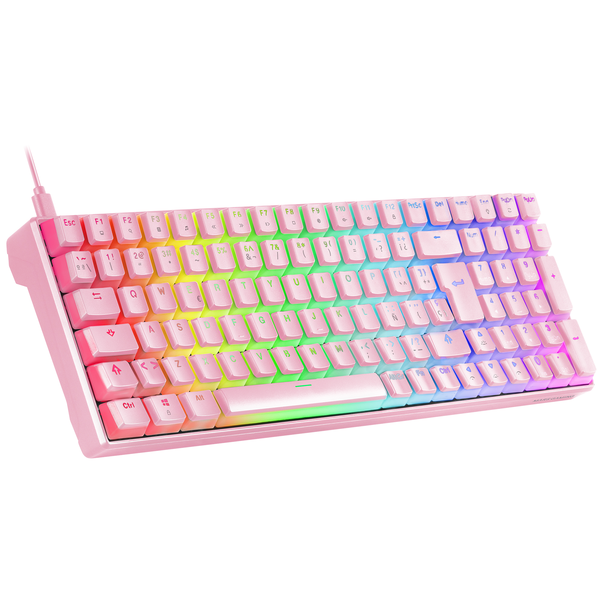 Teclado gaming rosa con luces arcoíris. Teclas y marco rosas. Fondo blanco.