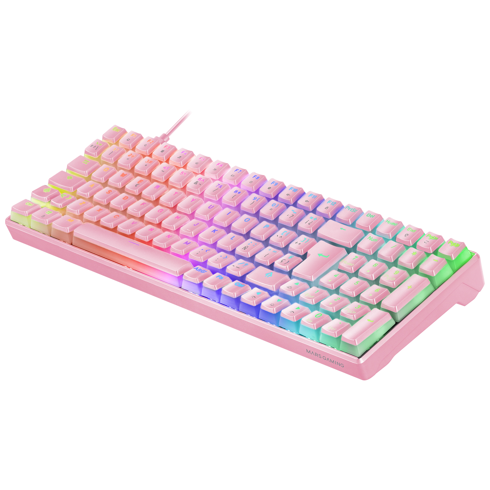 Teclado gaming rosa con teclas iluminadas, mostrando el nombre de la marca.