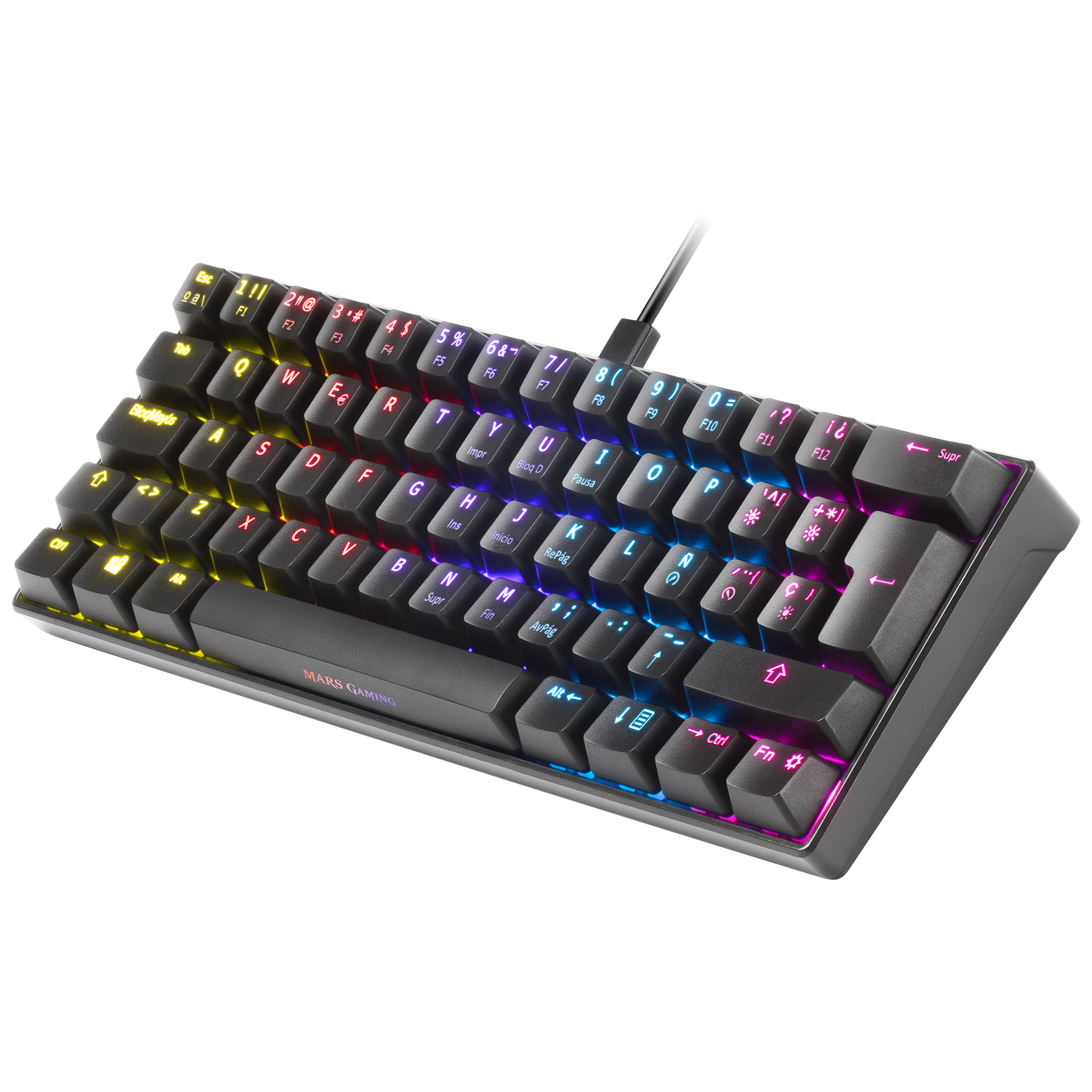 Tastiera nera con illuminazione RGB, vari tasti illuminati, vista angolata su sfondo bianco.