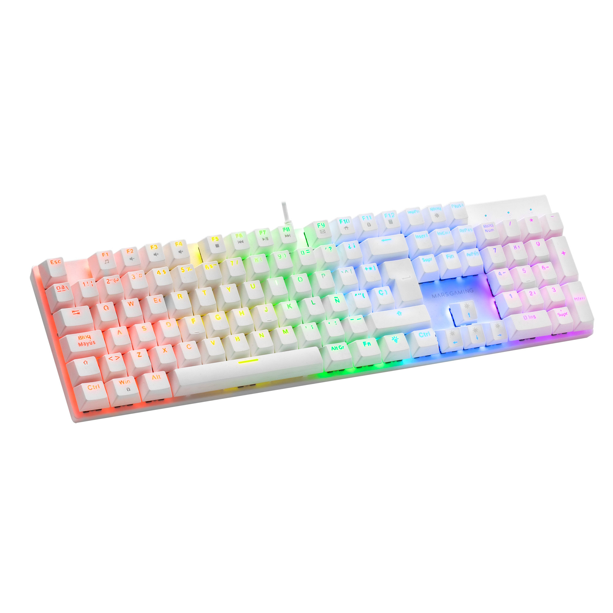 Teclado blanco con retroiluminación arcoíris, aislado sobre fondo blanco.