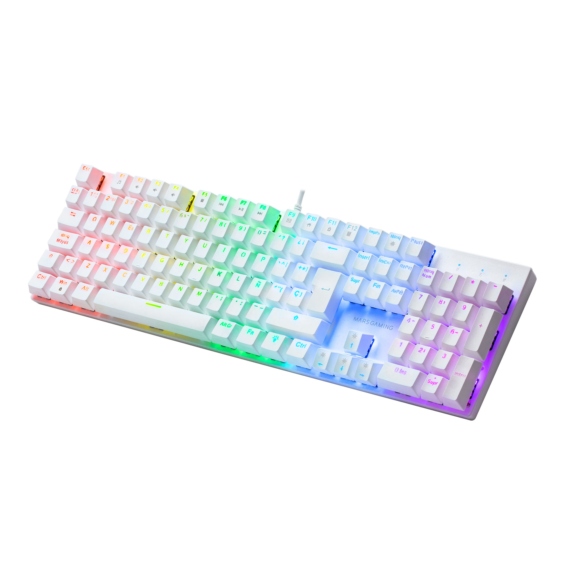 Teclado gaming blanco con teclas arcoíris. Logotipo MARS GAMING. Cable negro.
