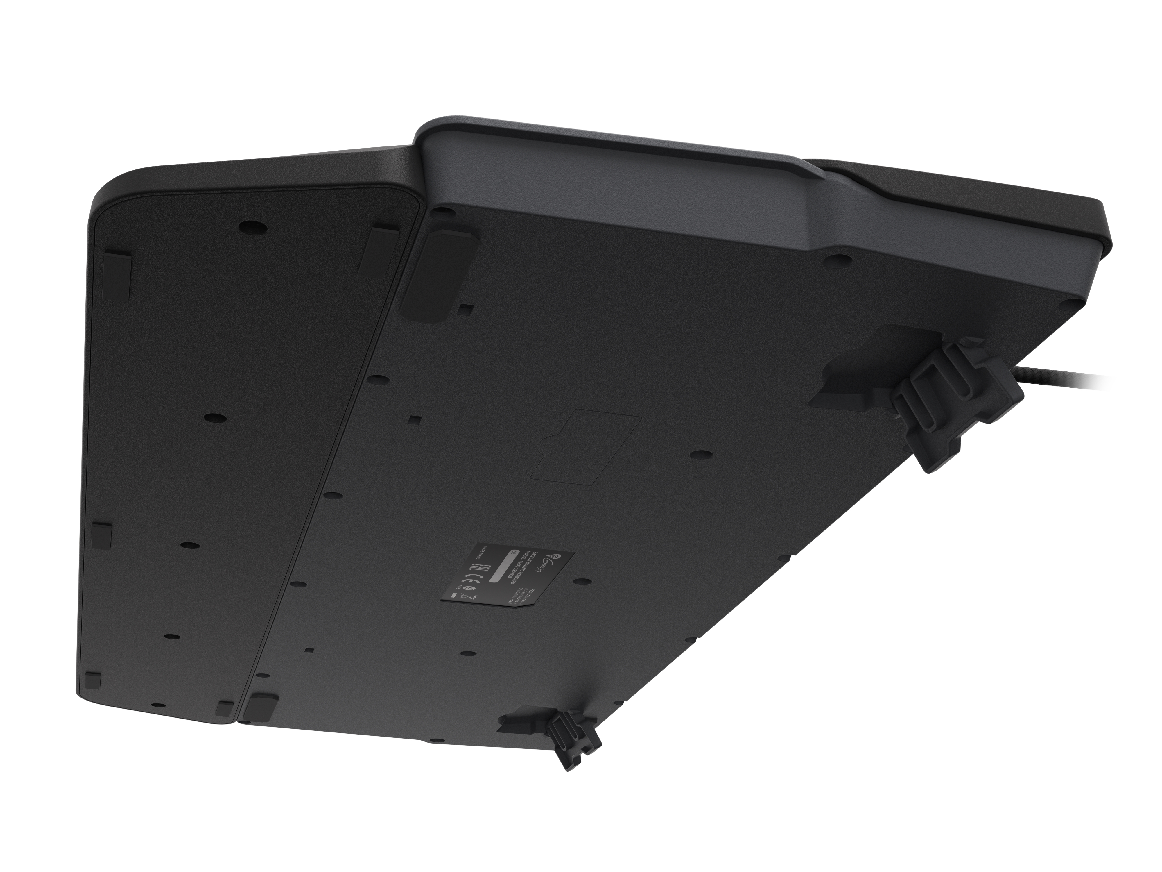 Widok od spodu czarnej klawiatury. Powierzchnia pokazuje kilka nóżek i szczegóły.