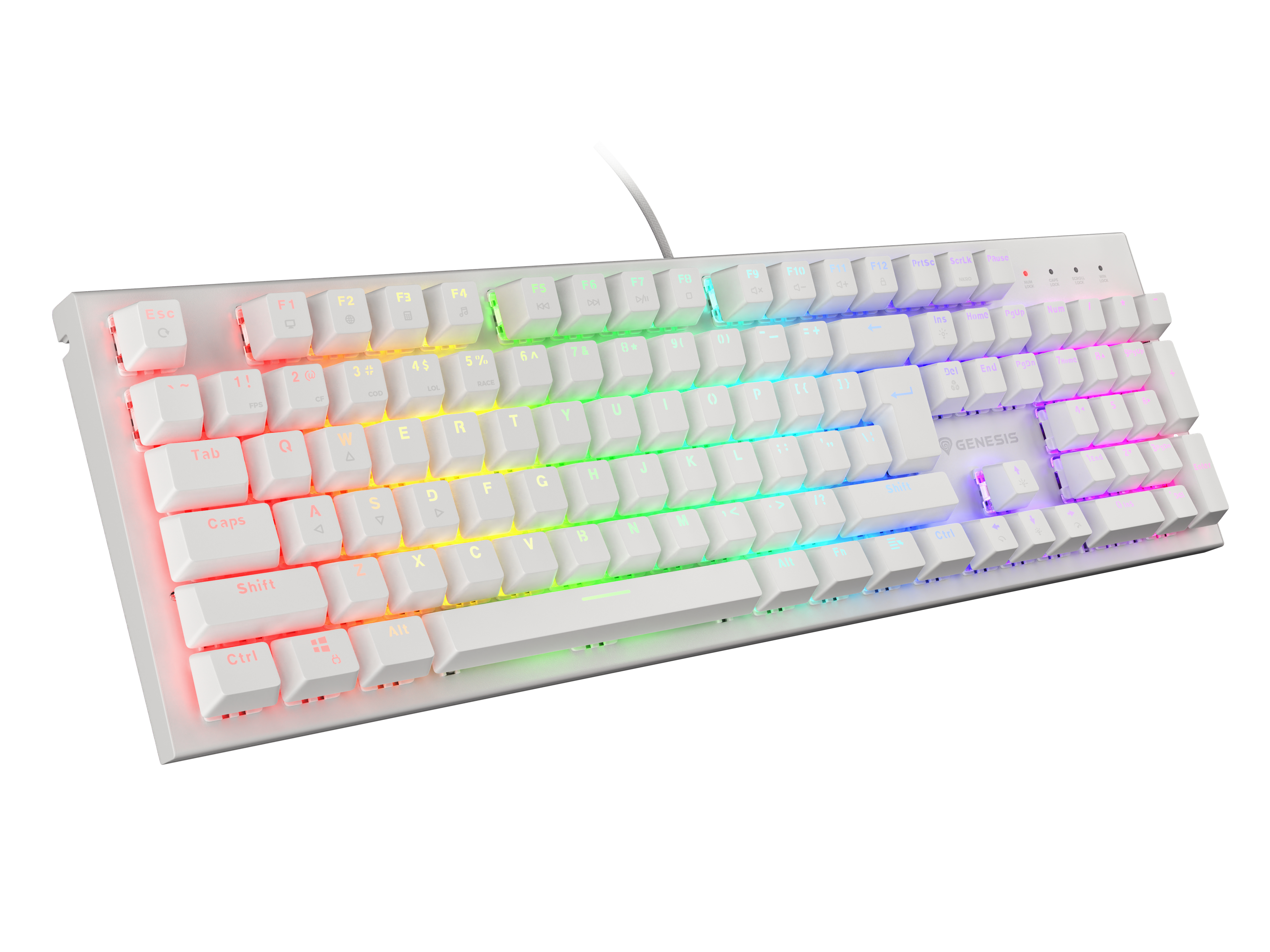 Tastiera bianca con illuminazione RGB e tasti bianchi. I tasti sono etichettati.