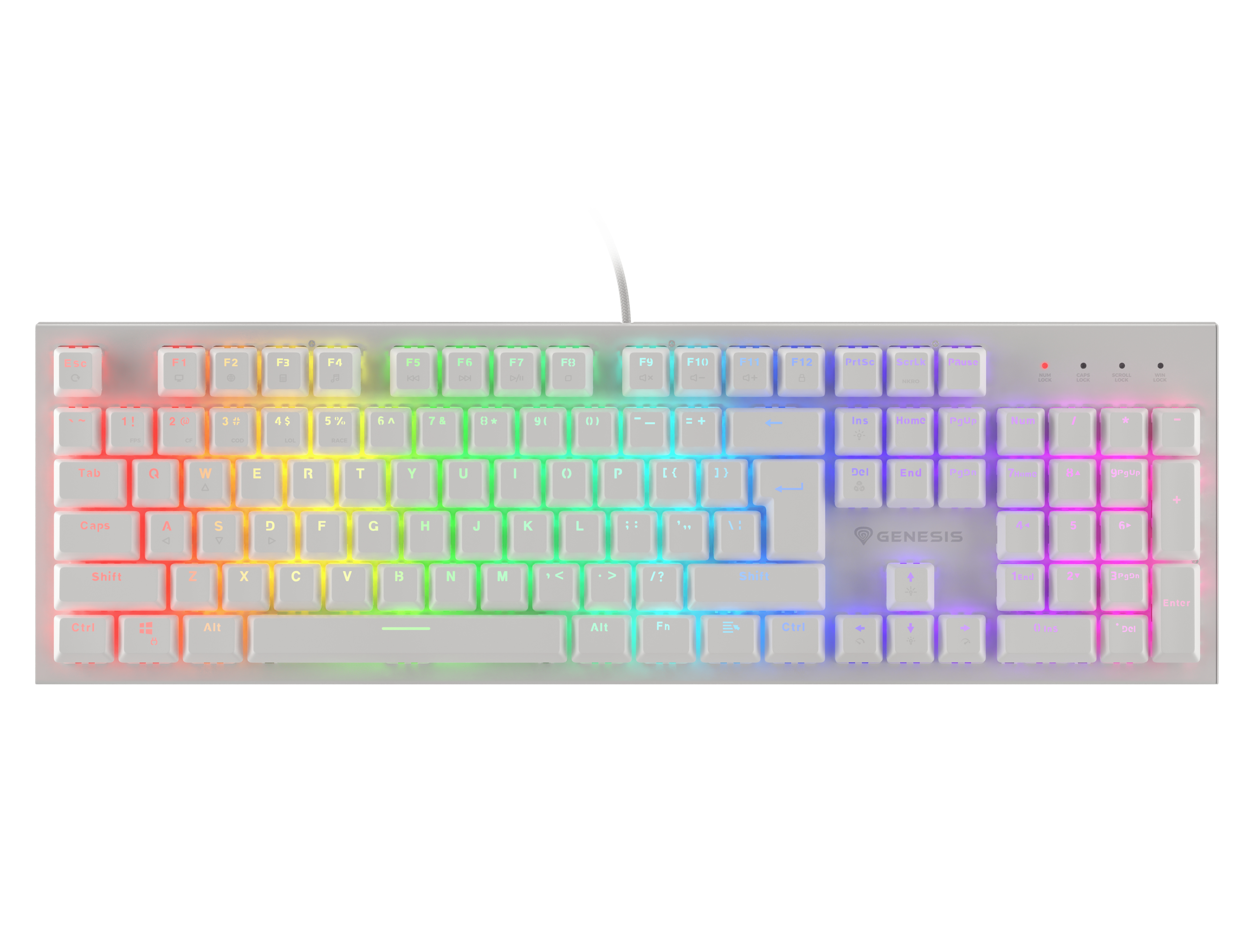 Tastiera bianca con tasti arcobaleno, con tasti funzione, un logo Genesis e un cavo bianco.