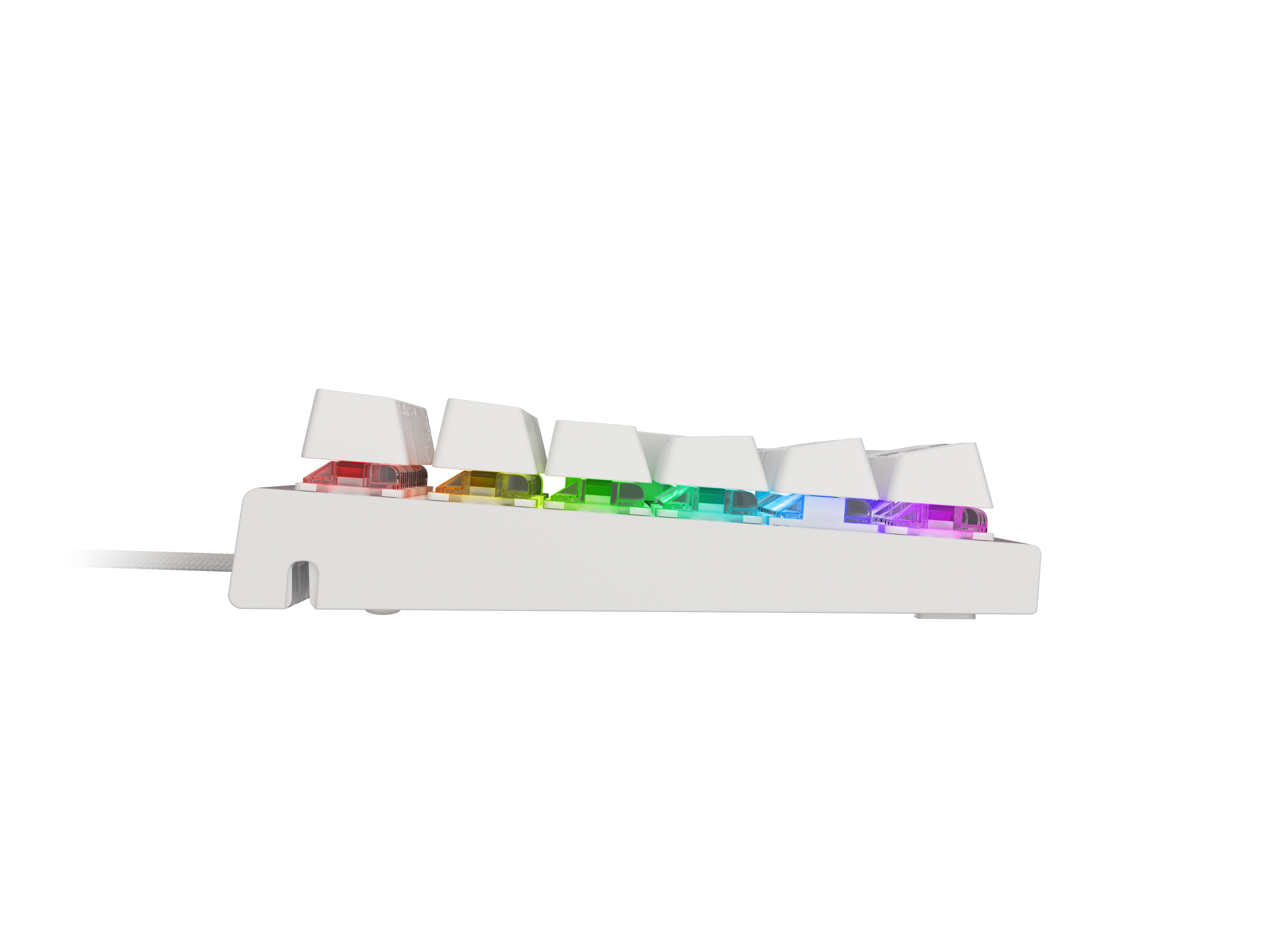 Tastiera meccanica bianca. Dispone di tasti color arcobaleno, vista laterale, cavo bianco.