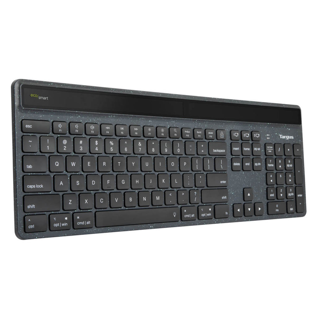 Dark gray keyboard, top view. Black keys, gray frame. Targus logo. Eco smart text.