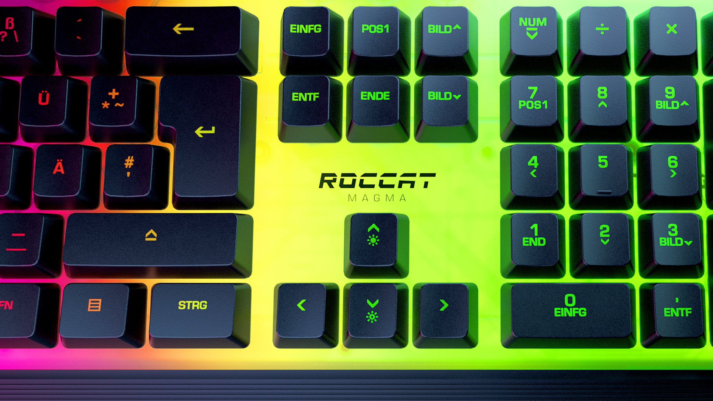 Zbliżenie kolorowej klawiatury dla graczy z podświetlanymi klawiszami. Marka: ROCCAT MAGMA.
