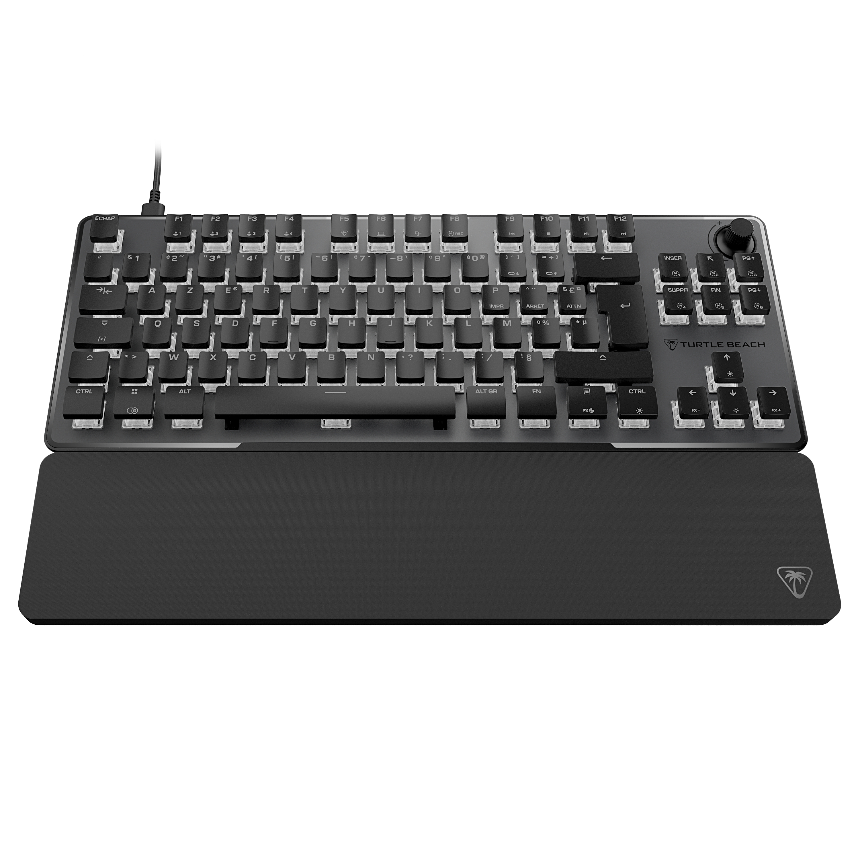 Schwarze mechanische Tastatur mit Handballenauflage, weiß beleuchteten Tasten und Lautstärkeregler.