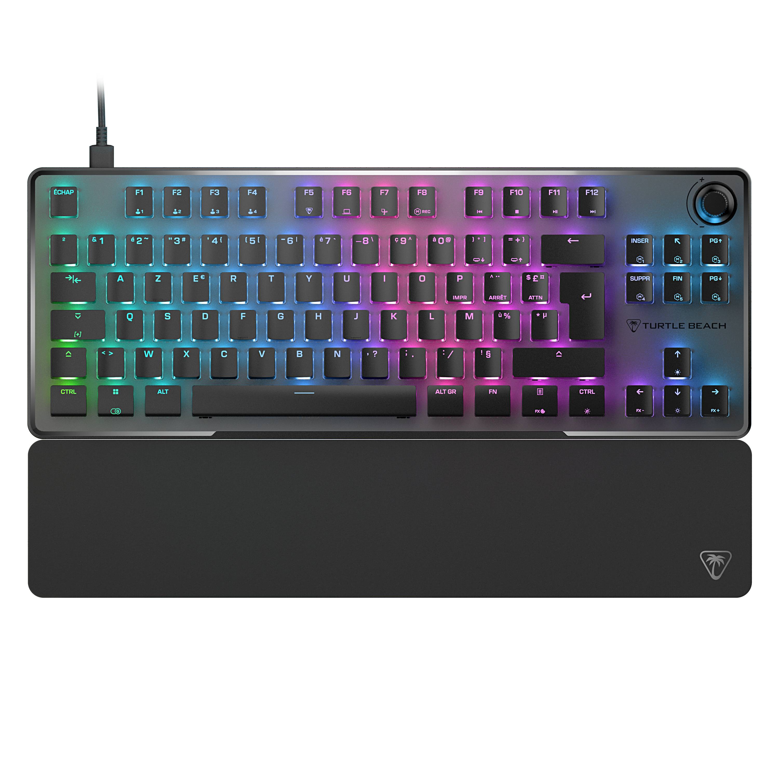 Hintergrundbeleuchtete, farbenfrohe Gaming-Tastatur mit Handballenauflage.