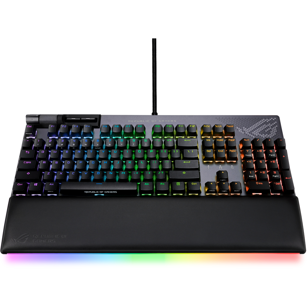 Teclado gaming con luces multicolores, teclas negras y reposamuñecas.