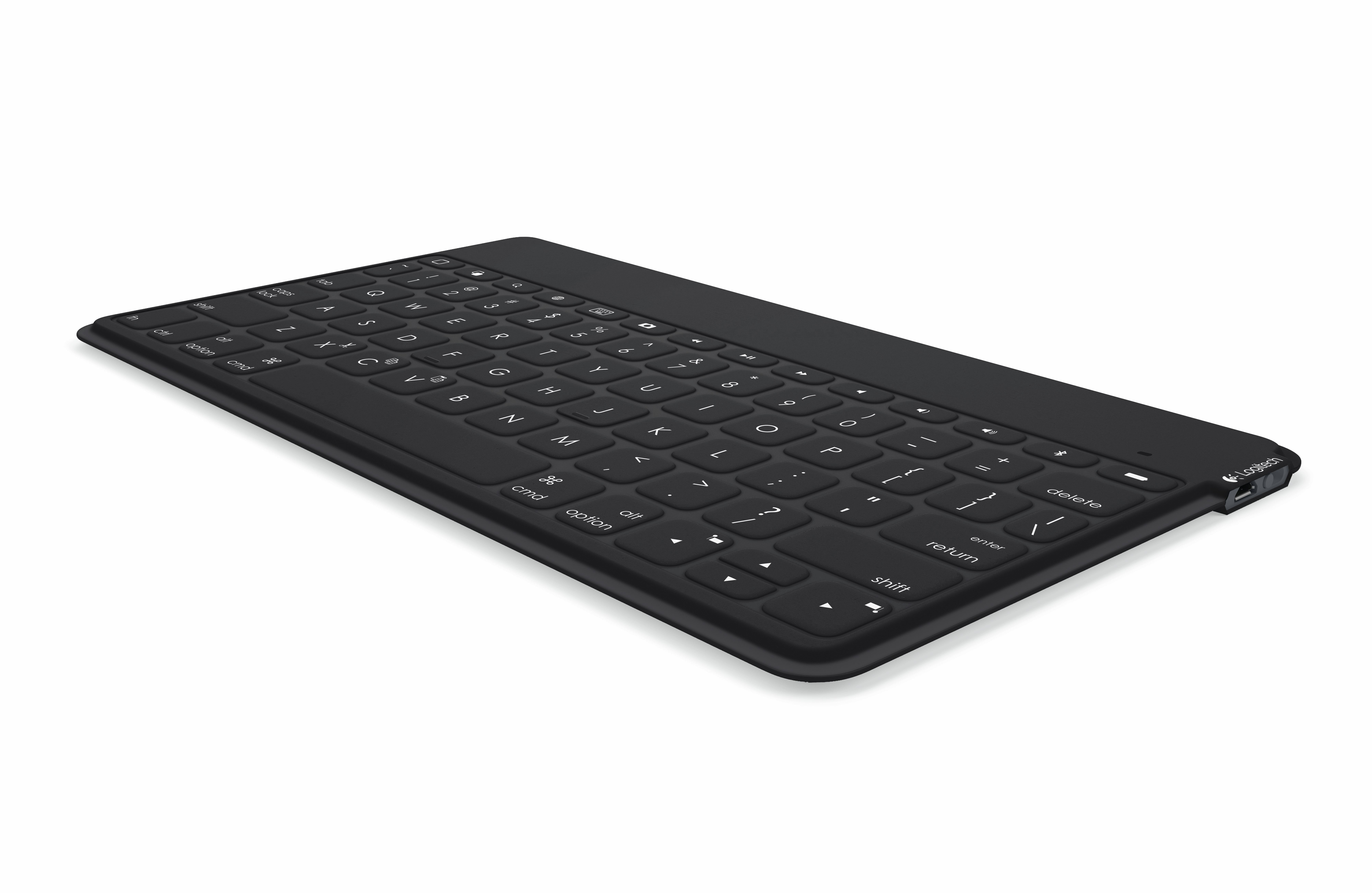 Schwarze Tastatur. Sie ist rechteckig und hat viele Tasten.