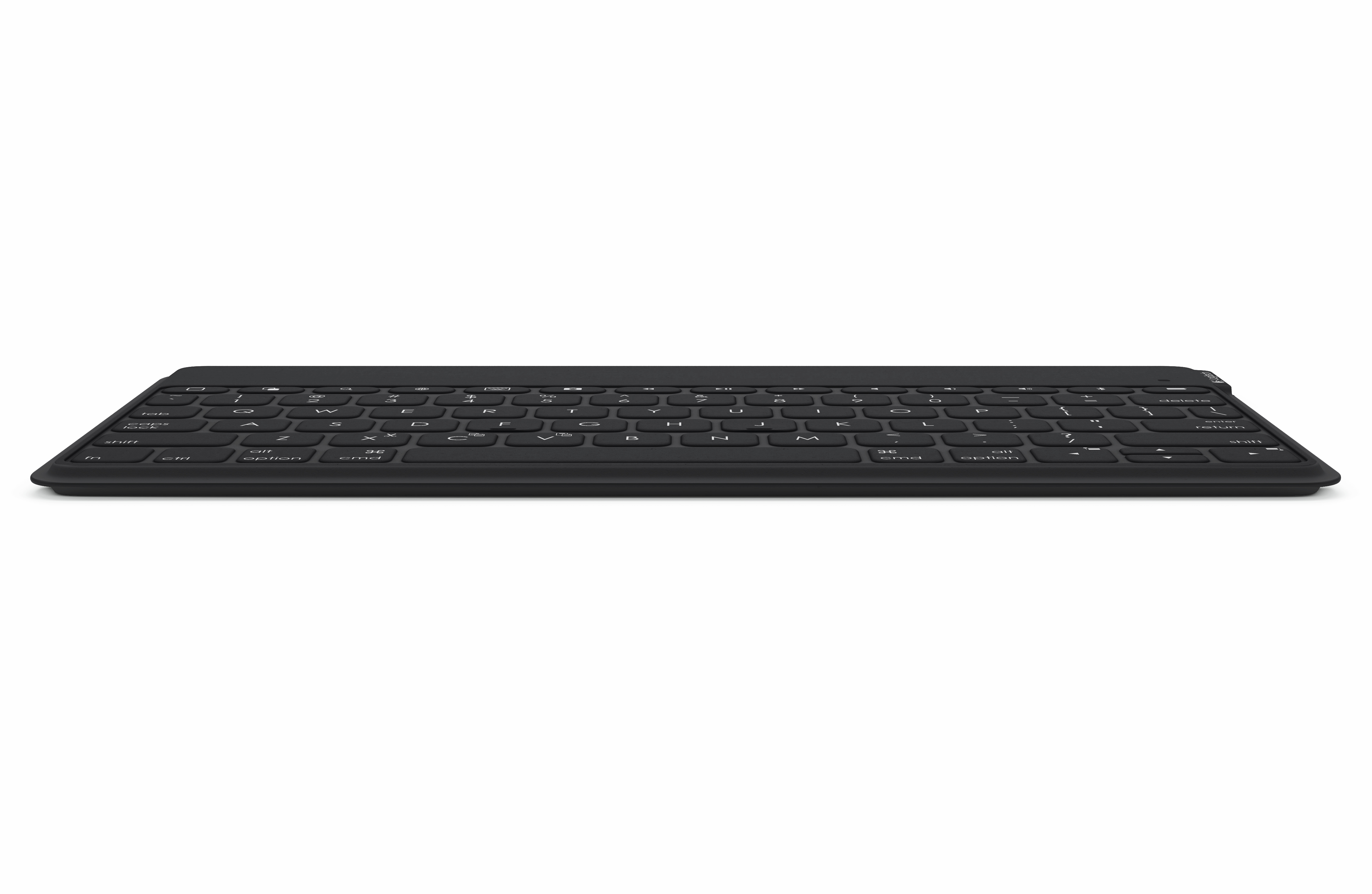 Eine schwarze, kabellose Tastatur auf weißem Hintergrund. Sie hat ein schlankes Profil.