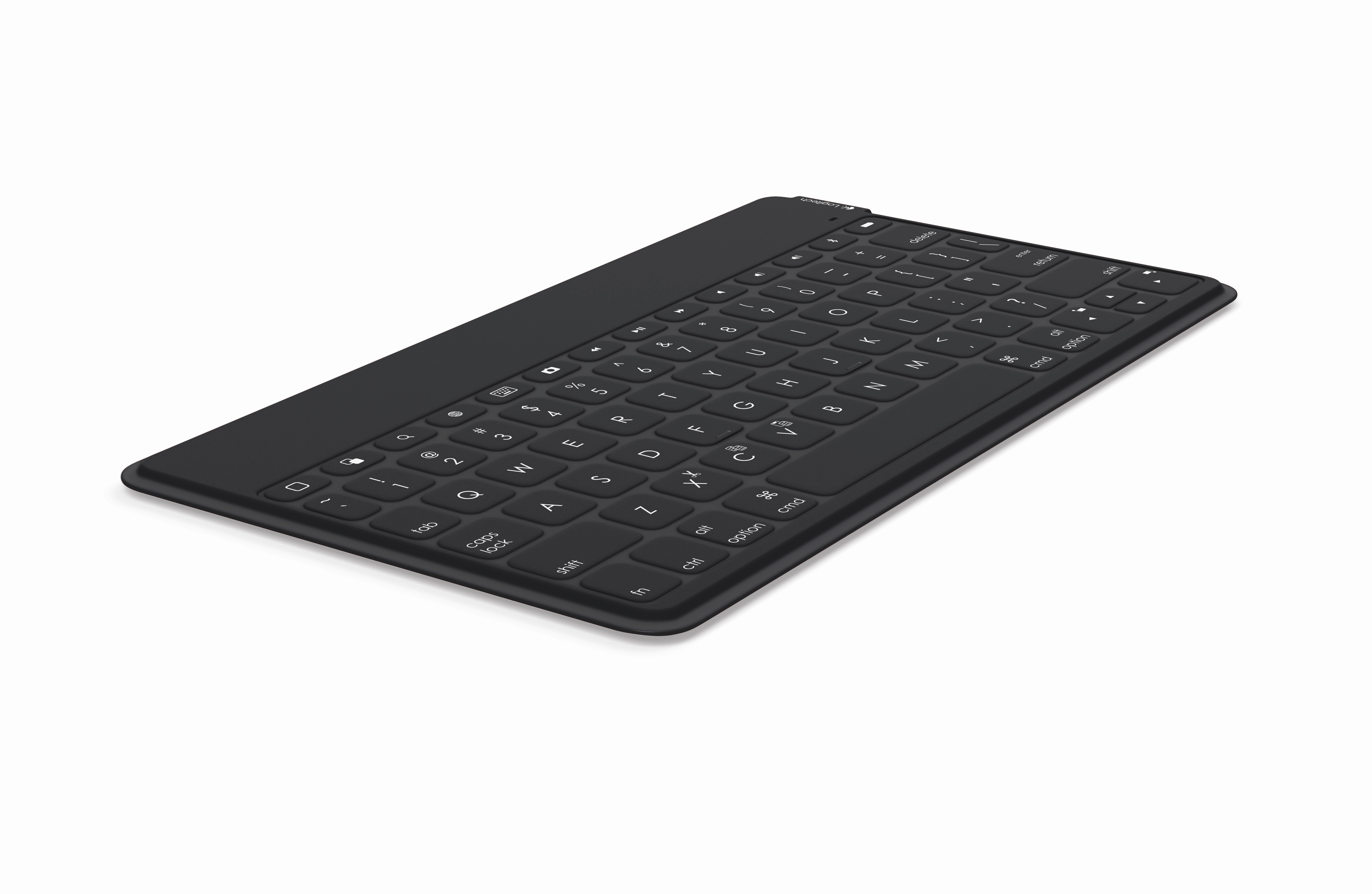 Schwarze Tastatur auf weißem Hintergrund. Die Tastatur hat schwarze Tasten.