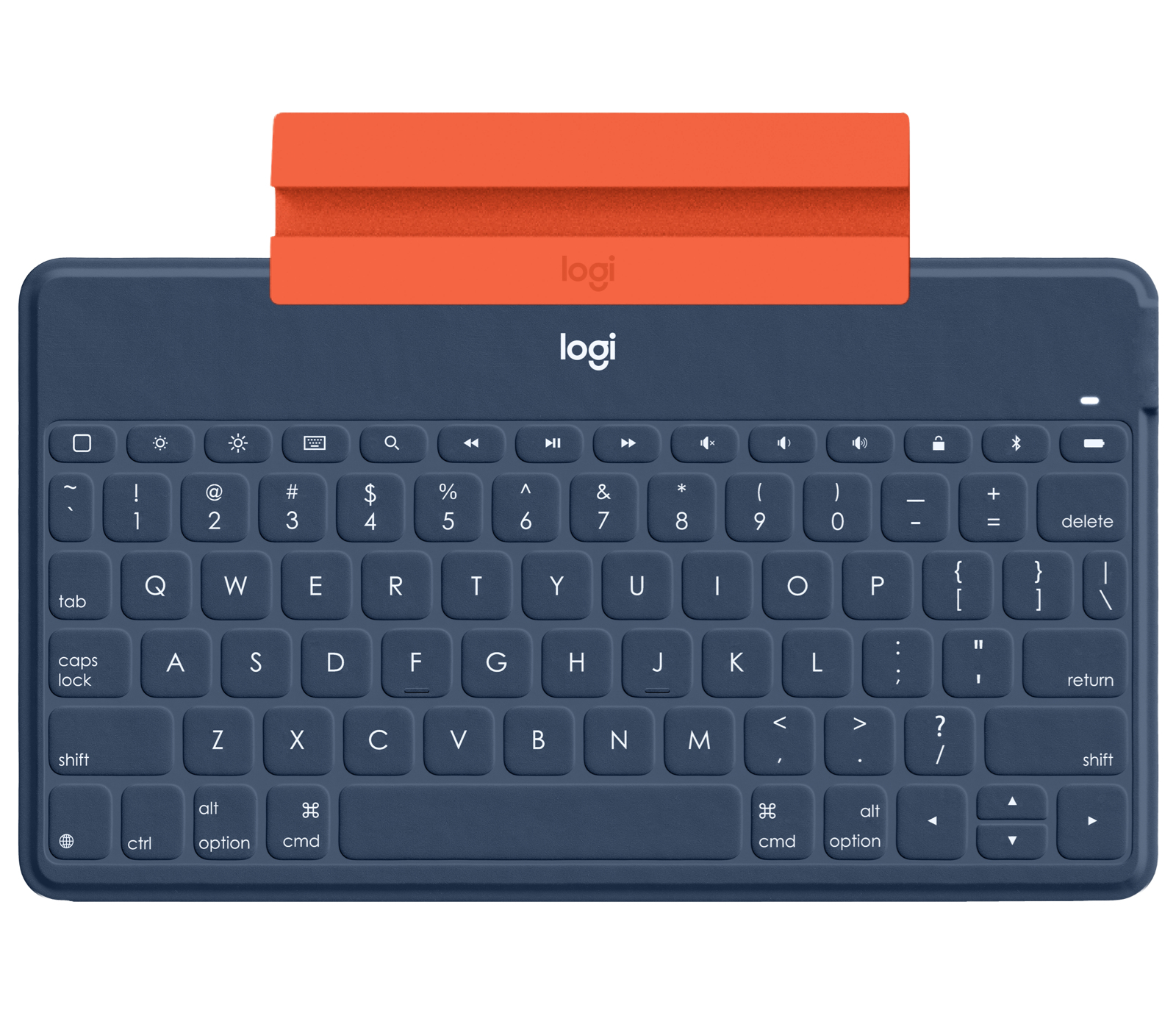 Una tastiera blu con supporto arancione, con un layout della tastiera.