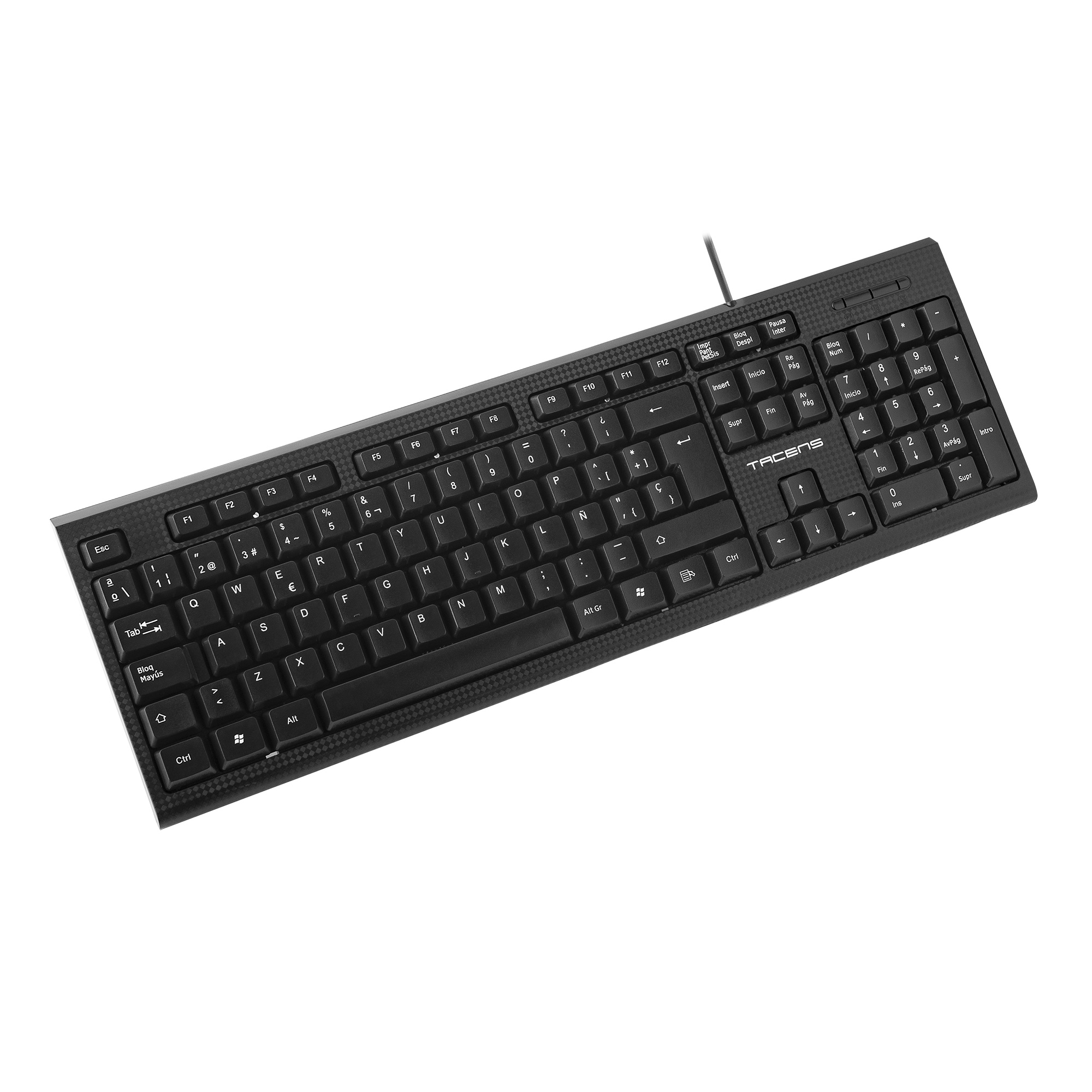 Teclado negro sobre fondo blanco. Teclas con letras y símbolos blancos. Marca a la derecha.