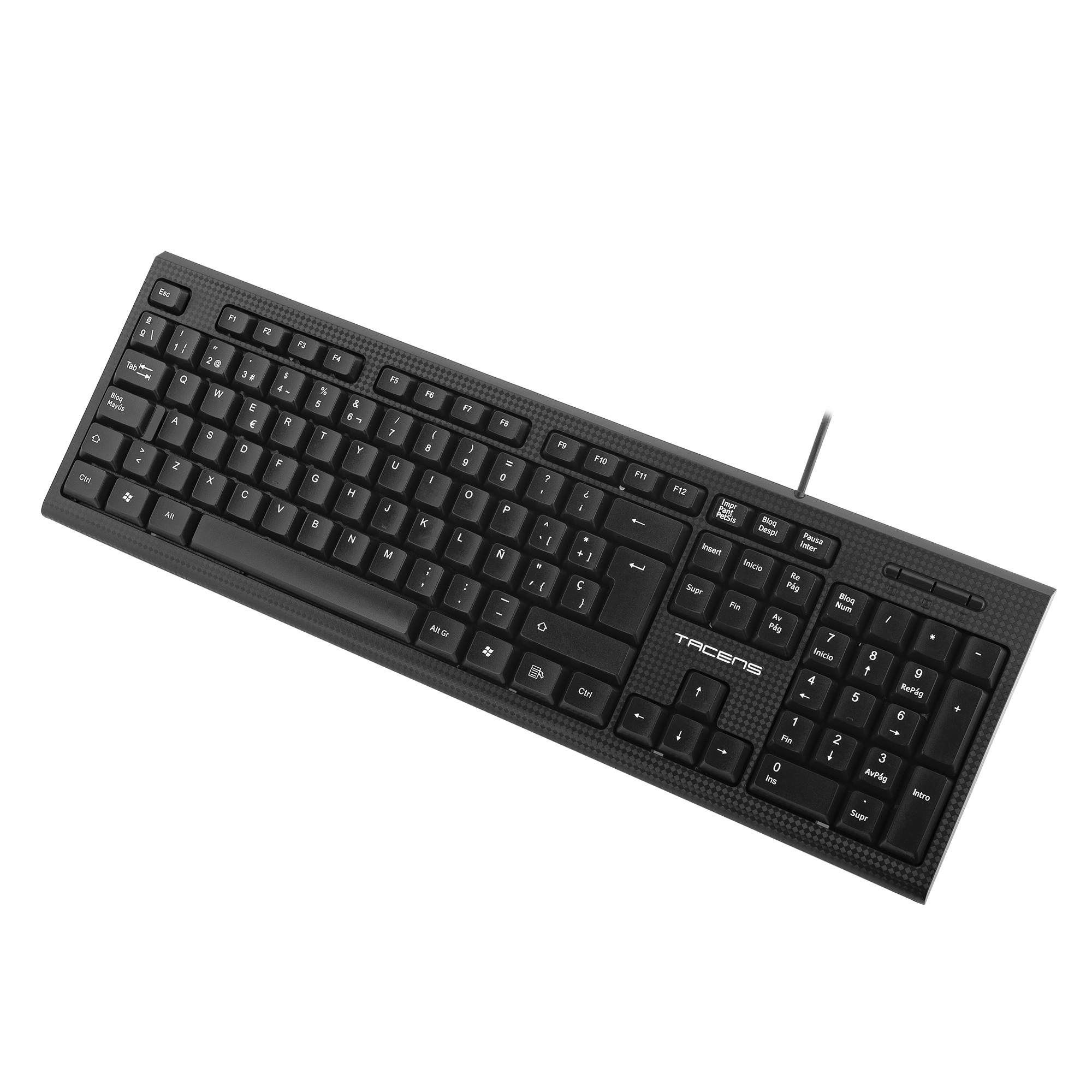 Teclado negro con superficie texturizada. Teclas negras con letras y números blancos.